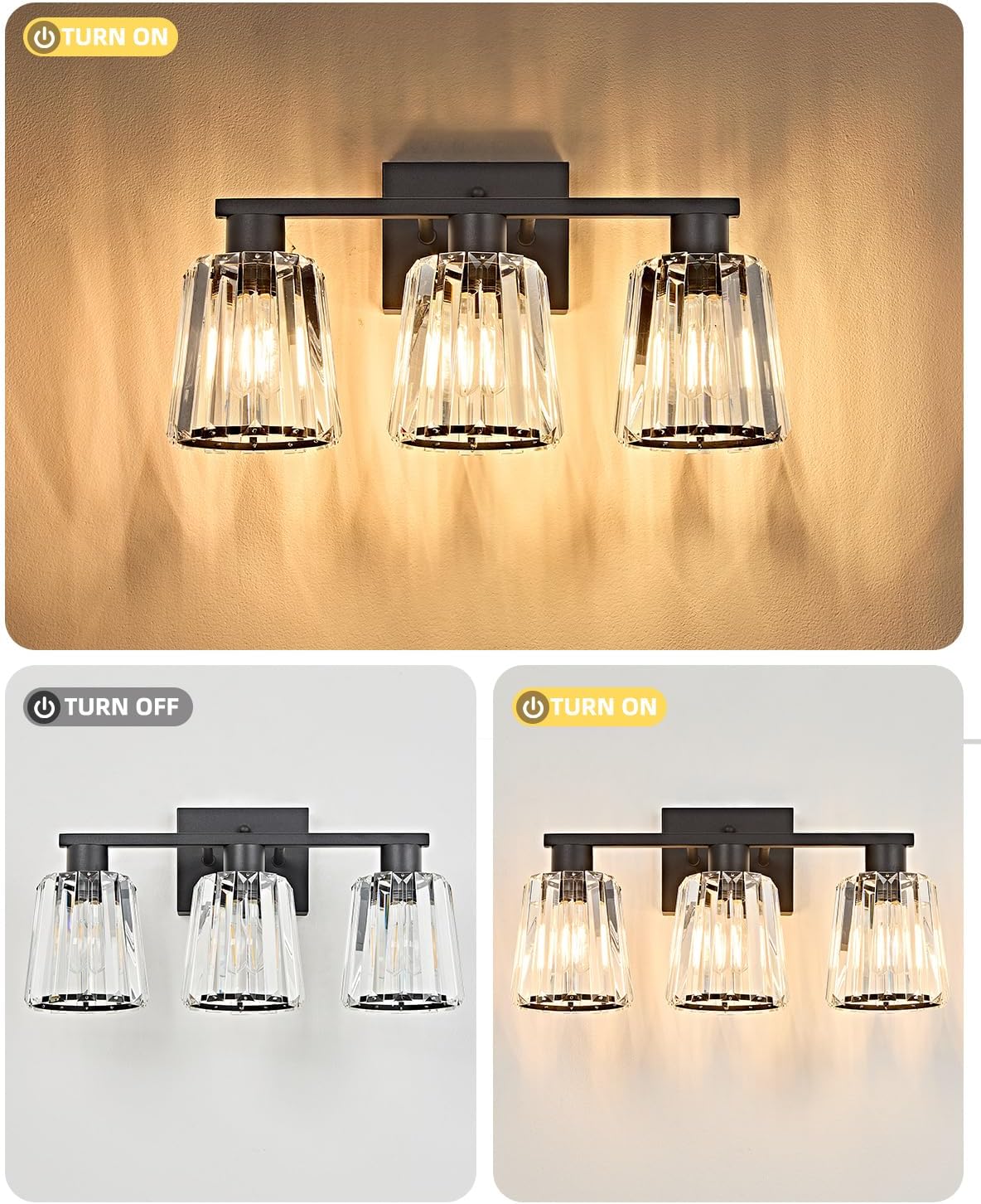 OKELI Bathroom Light Fixtures, Modern Black Vanity Light Fixtures Over Mirror for Bathroom, Crystal Wall Light 3-Light image 3
