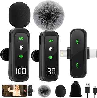 YeenMelly 2-Pack Wireless Lavalier Microphone: for iPhone 15/16, iPad, Android - Mini LED Display, Noise Reduction, Plug & Play, USB-C Charge , Clear Sound - Video/Vlog, Windscreen & Pouch Included​​
