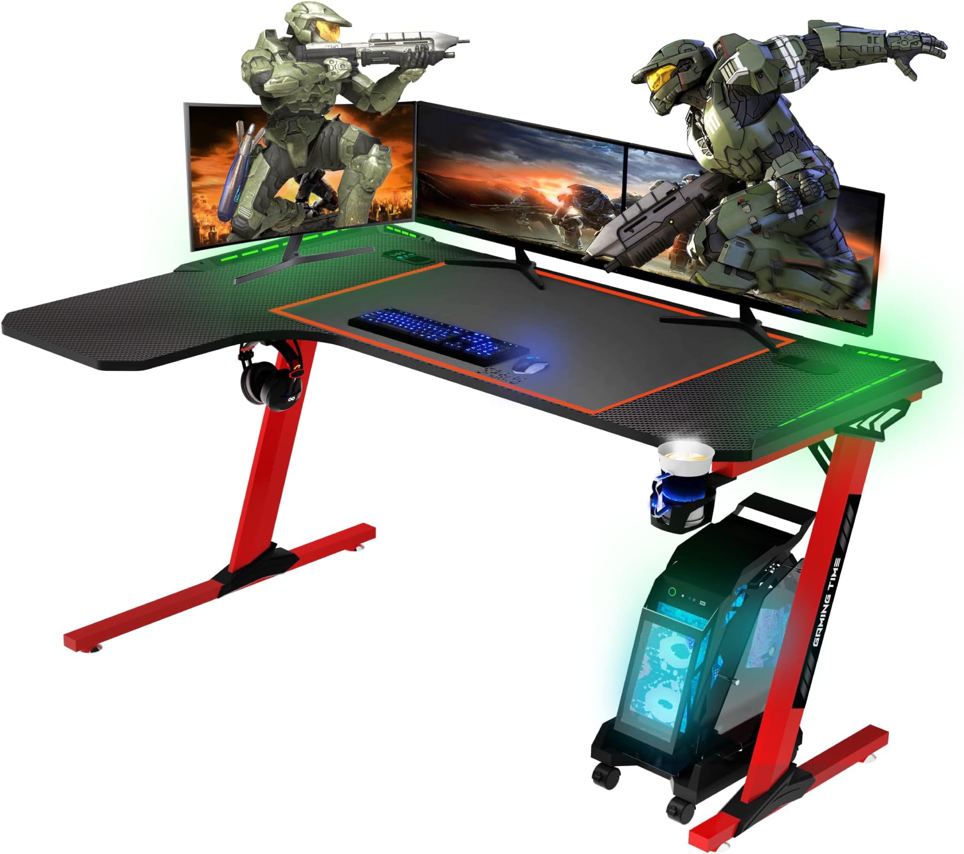Gaming Table, 140cm x 60cm, Gaming Desk, Large Computer Table Console PS5, Xbox Series, Steel Legs, RGB LED, Carpet Base, Gaming Table Corner