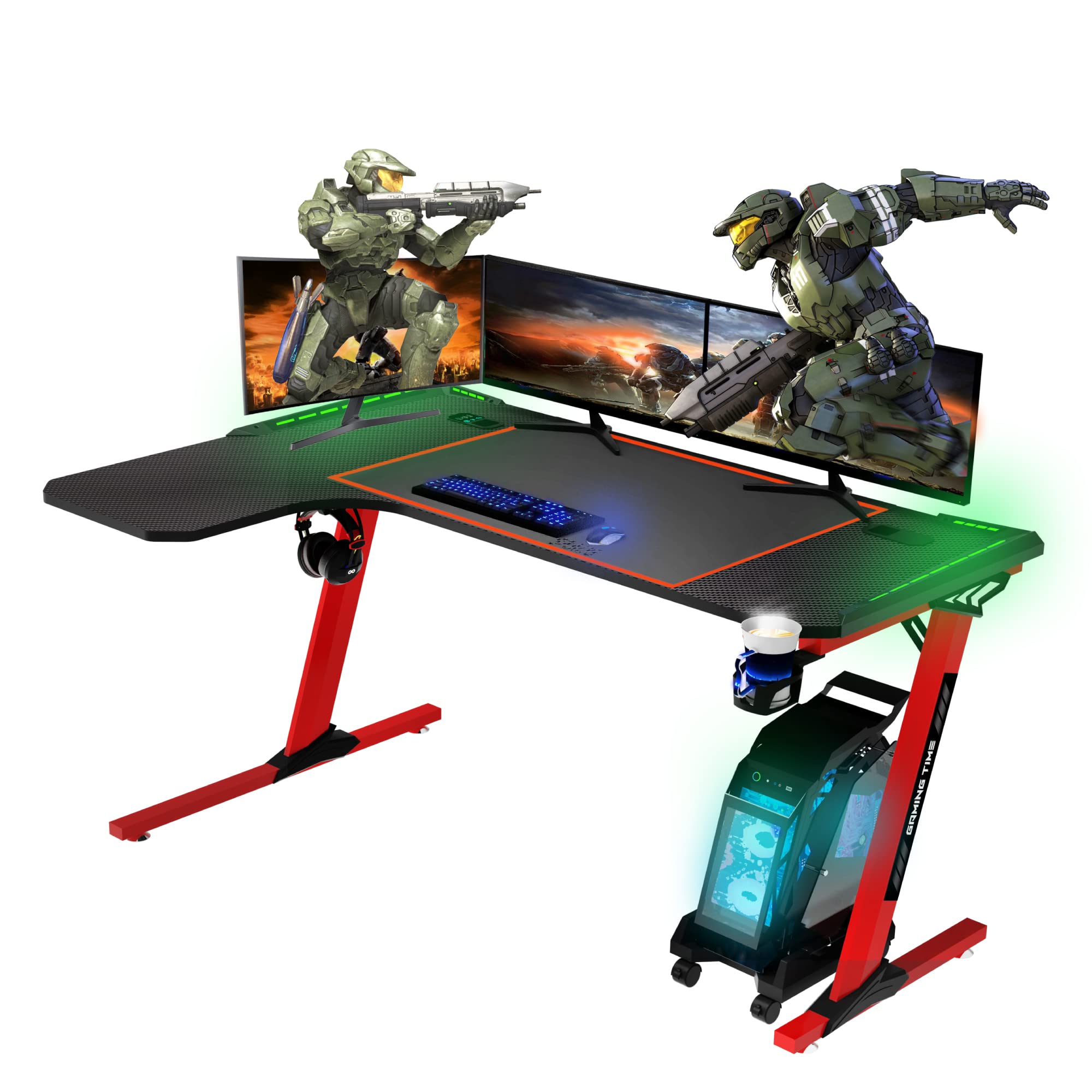 Mesa Gaming, 140cm x 60cm, Gaming Desk, Mesa Grande para Ordenador Consola PS5, Xbox Series, Patas de Acero, RGB LED, Base de Alfombrilla, Mesa Gaming Esquina