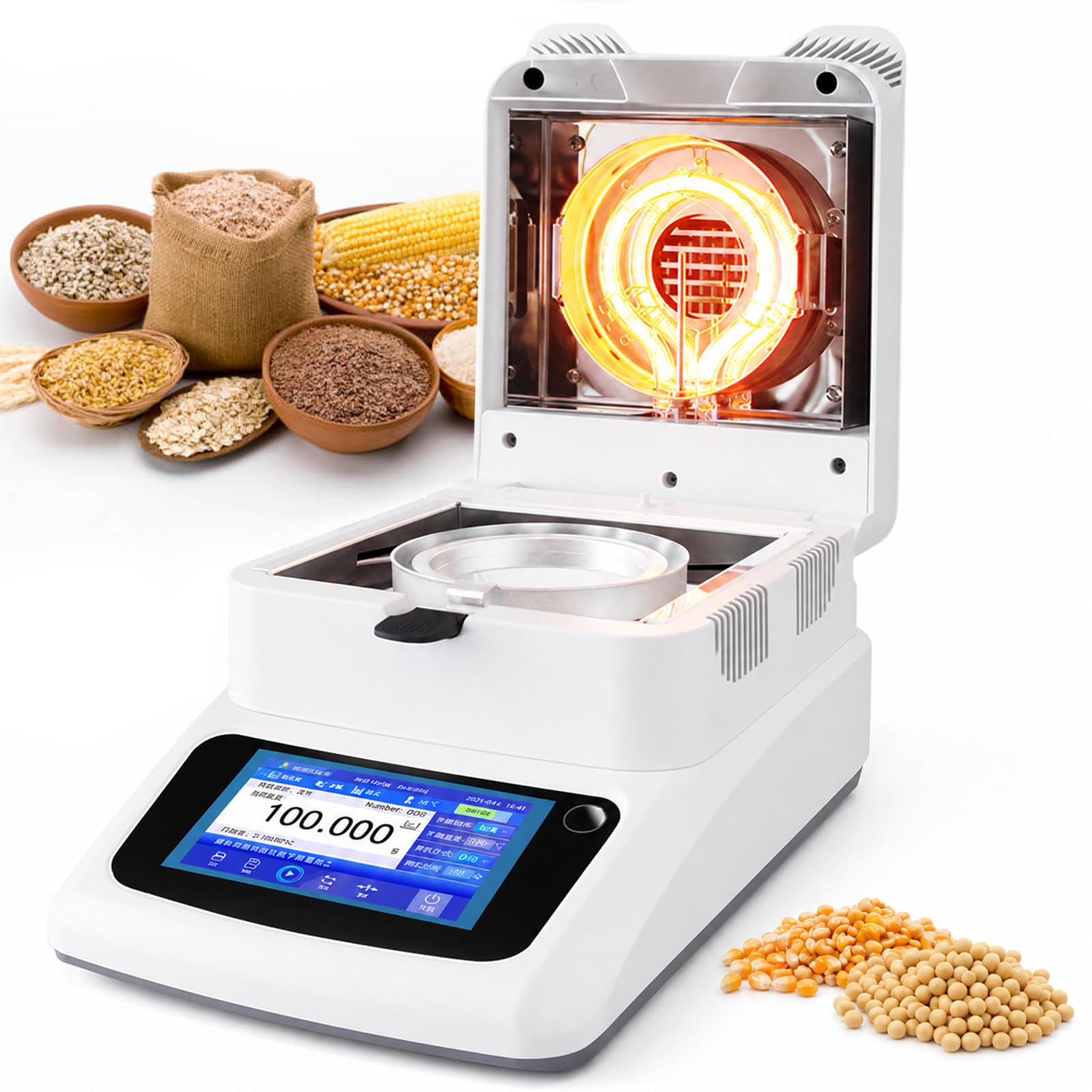 lilishangmao Grain Moisture Tester, Halogen Moisture Analyzer with 5-Inch Touch Screen, 120g Capacity, 0.01% Readability, RS-232 Interface, for Corn, Wheat, Feed, Coffee And Tea A-1205