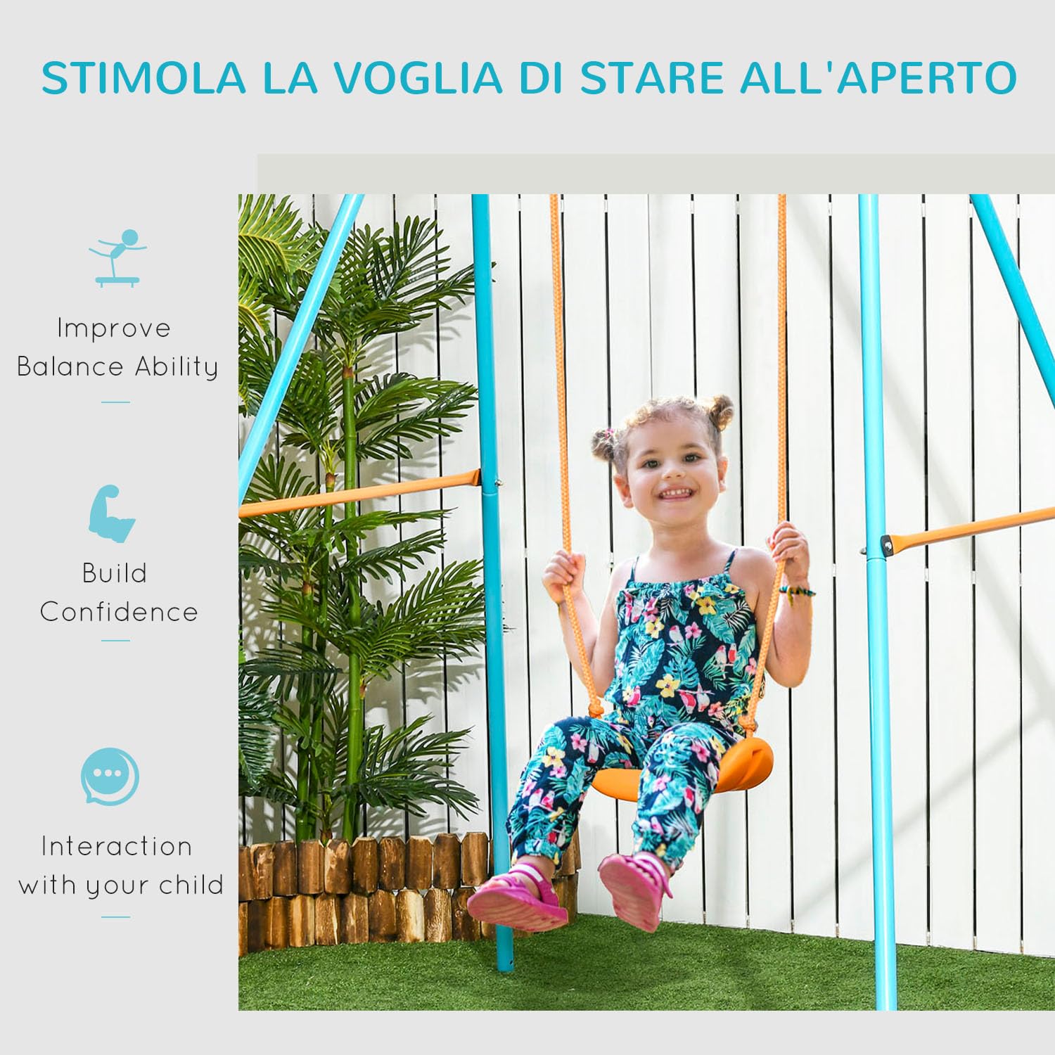 Outsunny Altalena da Giardino con Seggiolino e Picchetti, in Acciaio per Bambini 3-8 Anni, 163x145x181cm, Blu e Arancione