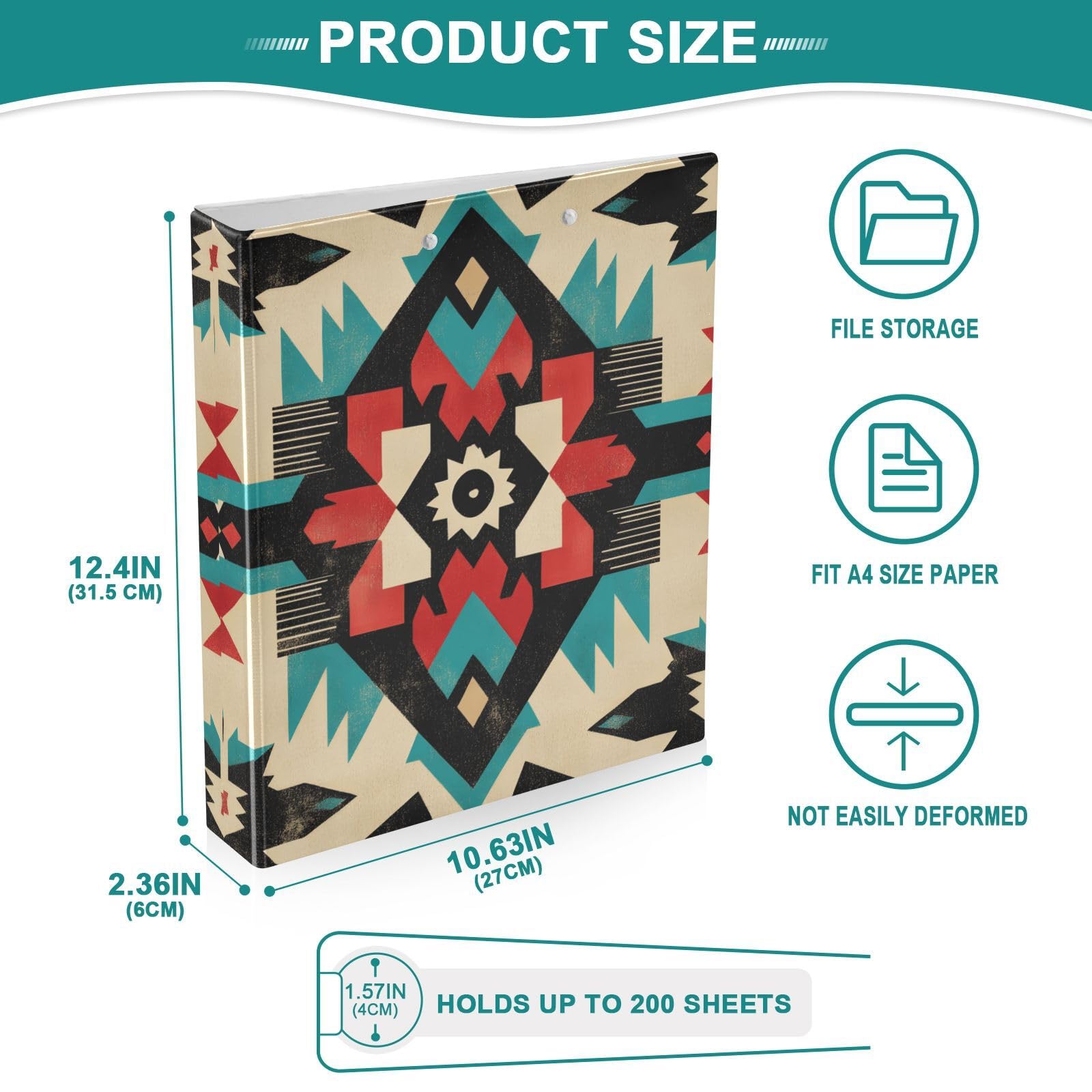 Confezione da 2 raccoglitori a 3 anelli, motivo colorato turchese azteco, 3,8 cm, con 3 tasche trasparenti, portablocco e contiene 200 fogli, per ufficio, scuola, organizzazione domestica