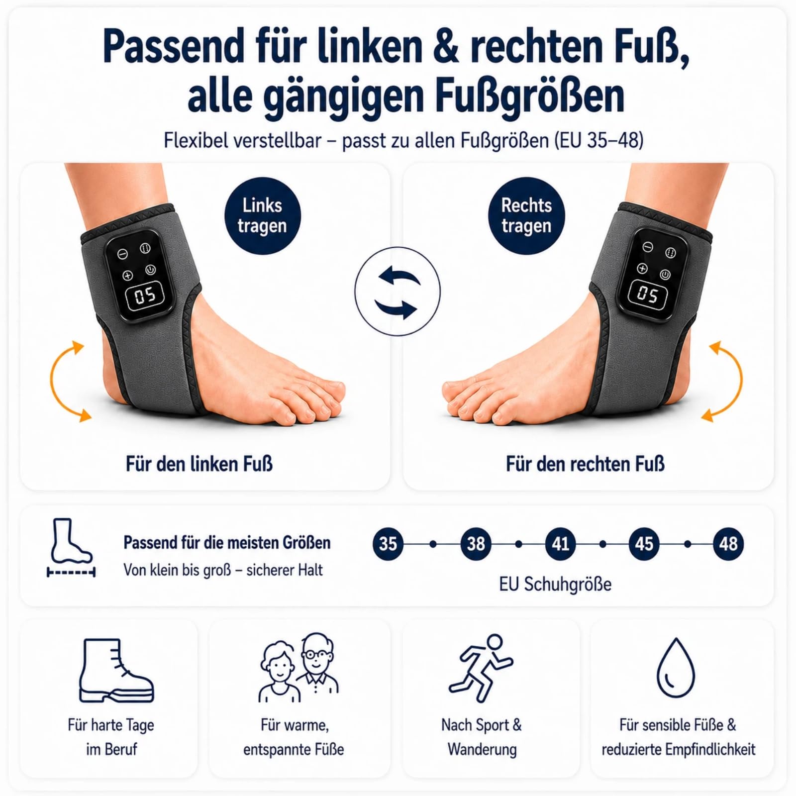 Elektrisches Fußmassagegeräte mit Wärme zur Förderung der Durchblutung und Linderung von Schmerzen, 5 Massagestufen & 6 Heizstufen für Knöchel, Ferse & Fußsohle, 2 Stück