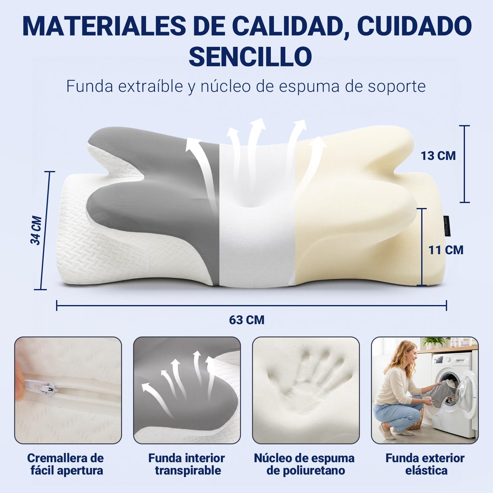 COSYLAND Almohada Cervicales y Cuello - Espuma Viscoelástica, Diseño Mariposa con Soporte Ergonómico y Transpirable, para Dormir de Lado, Boca Arriba y Boca Abajo, 63 x 34 x 11/13 cm, Gris