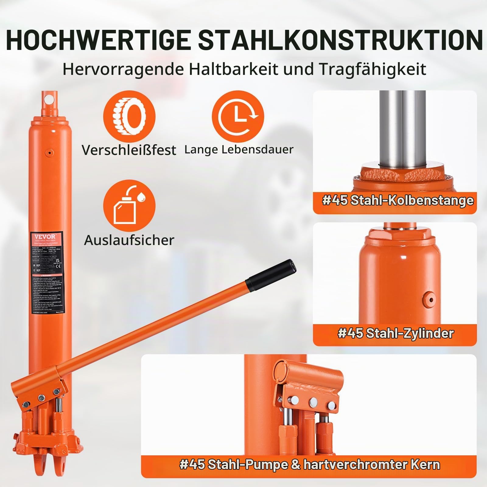 VEVOR Hydraulischer Langer Ram-Wagenheber, 8 t Motorhebezylinder mit Doppelkolbenpumpe & Gabelbasis, Hydraulischer Auto-Flaschenheber für Motorhebebühnen, Garagen-/Ladenkrane, Bauernhof usw.