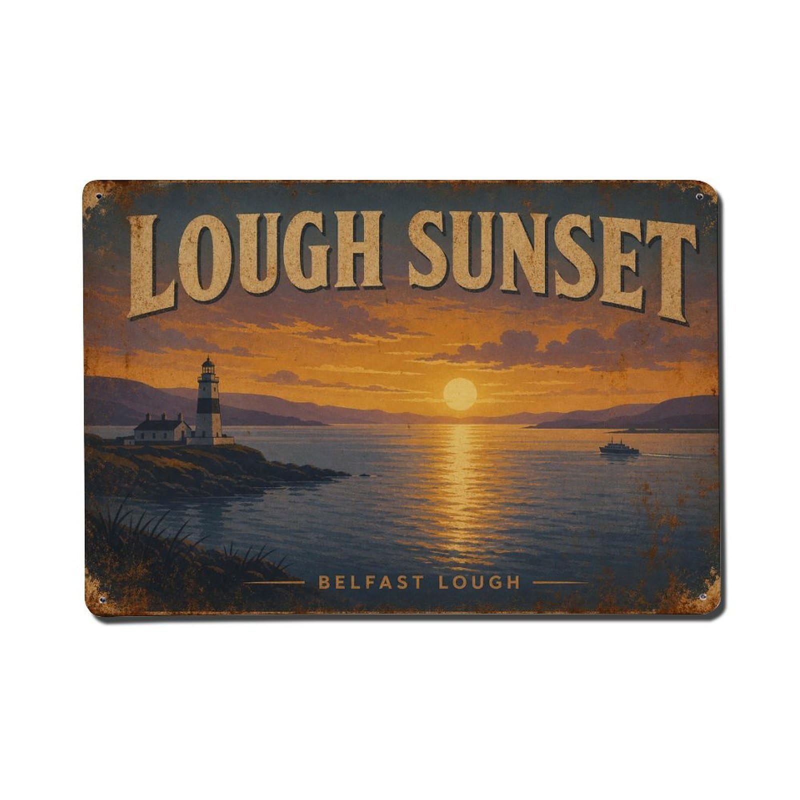 Fyrn Style Metal Tin Sign Vintage Travel Belfast Lough Sunset Ireland Coastal View