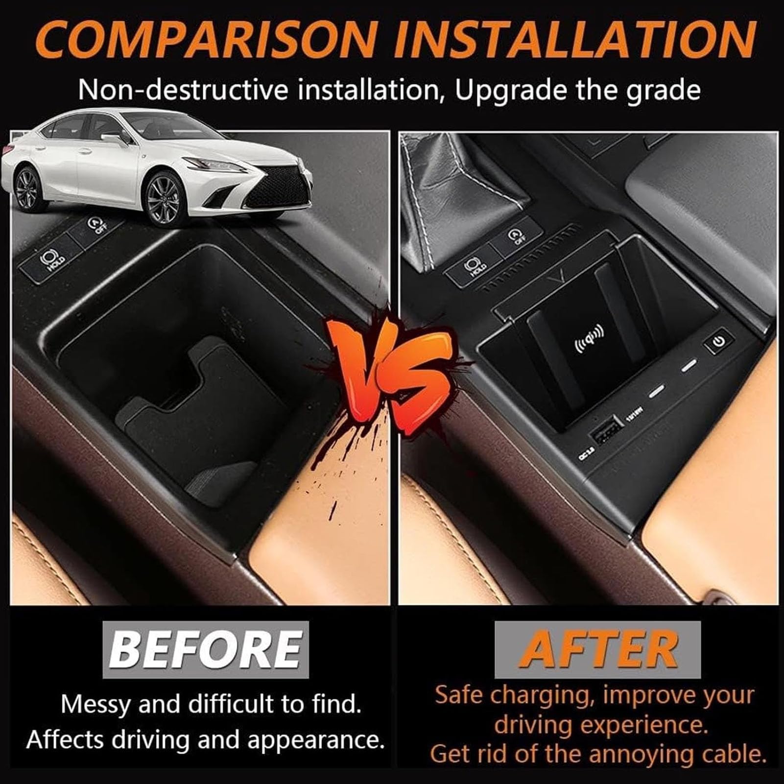Cargador De Coche Inalámbrico para Lexus ES 2018-2022 Panel De Accesorios De Consola Central,Cargador De Teléfono De Carga Rápida Qi De 15 W Con Puertos USB para Cualquier Teléfono Habilitado p
