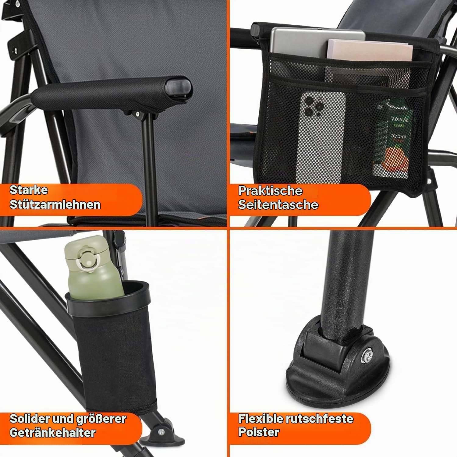 OVERMONT Campingstuhl Hochlehner Faltbar mit Kopfstütze - Klappstuhl Tragbar bis 226 KG - Gartenstuhl Klappbar mit Gepolstert Armlehnen - für Outdoor Wandern Picknick