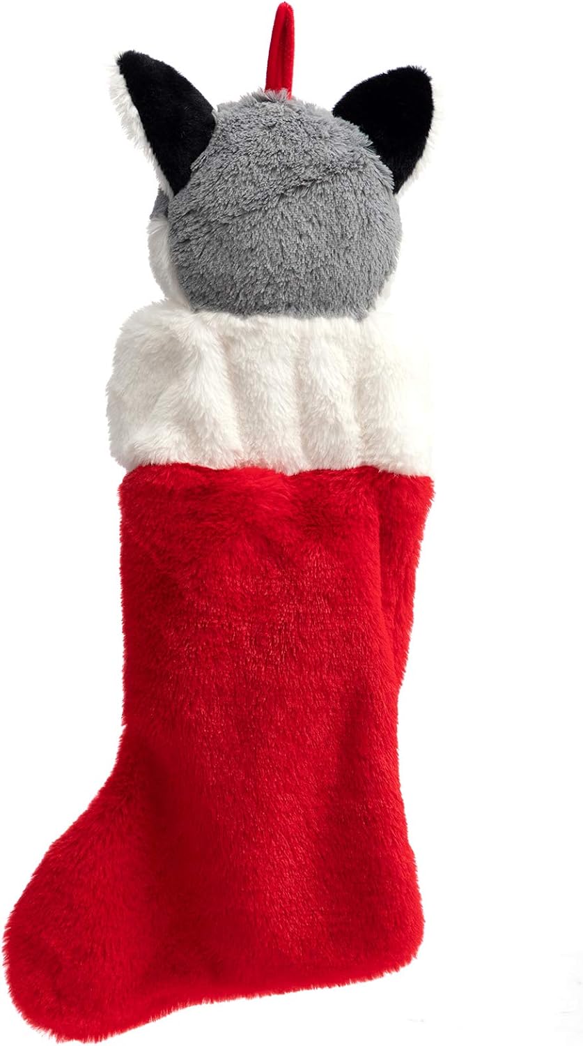 HollyHOME Christmas Stockings Animated Husky Puppy Plush Head Stockings with Music and Flapping Ears Hanging Xmas Decoration Gift Socks Ornament 19 Inch