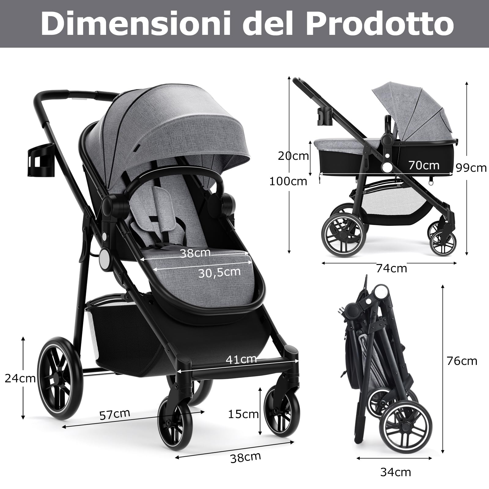 RELAX4LIFE Passeggino Pieghevole Convertibile con Seduta Reversibile, Capottina Regolabile, Cintura 5 Punti (Grigio)