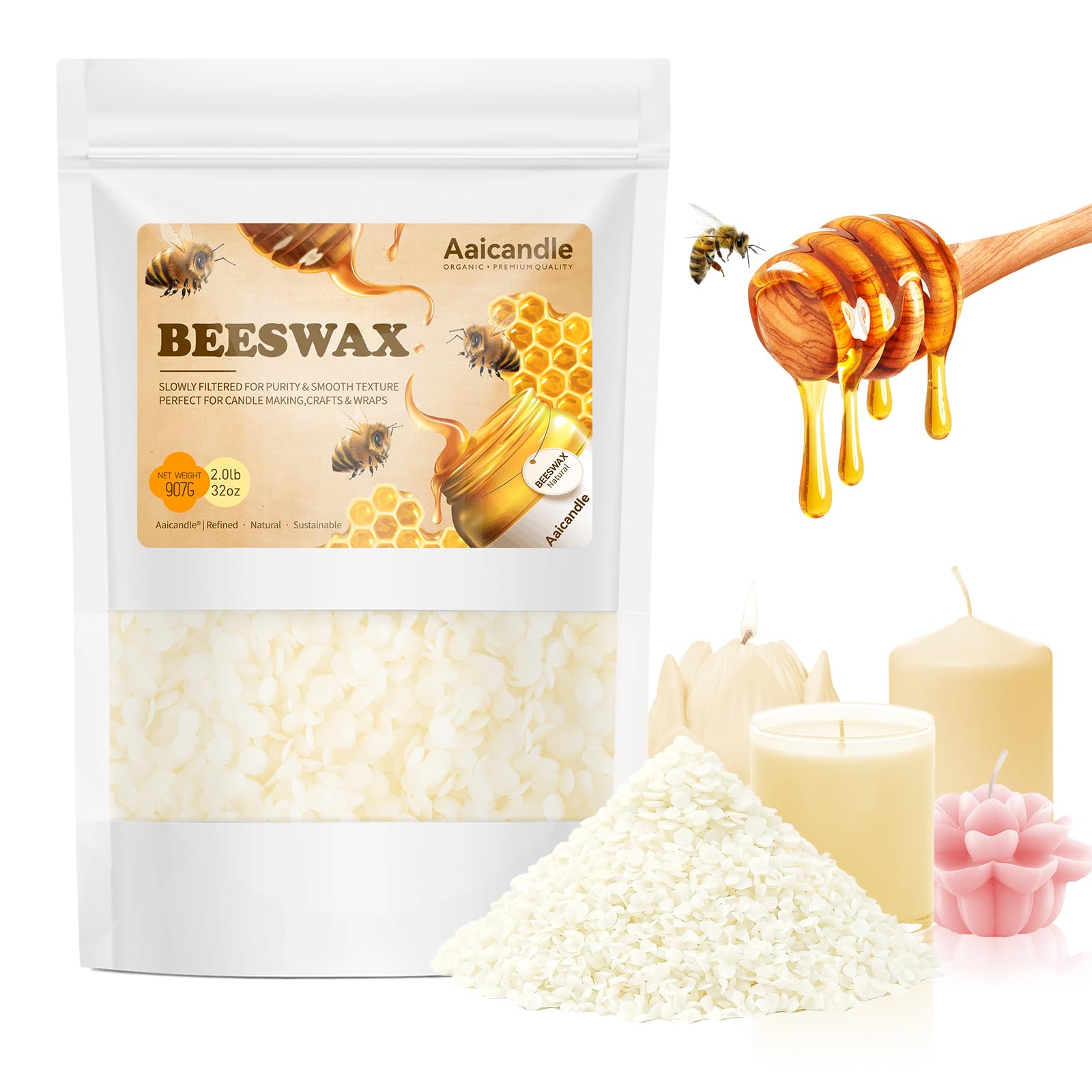 Aaicandle Natural Beeswax Pellets 2 lb, Bee Wax for Candle Making DIY Craft