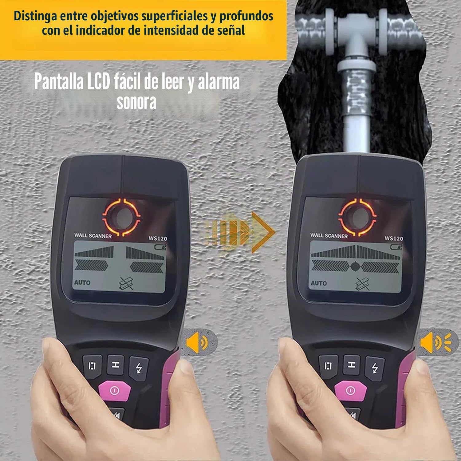 Detector de Pared, Escáner de Pared Multifuncional, hasta 110 Mm, Buscador de Metales para Tuberías de Agua de PVC con Cable Vivo, Adecuado para Detectar Cables de Metal, Madera Y CA Ocultos