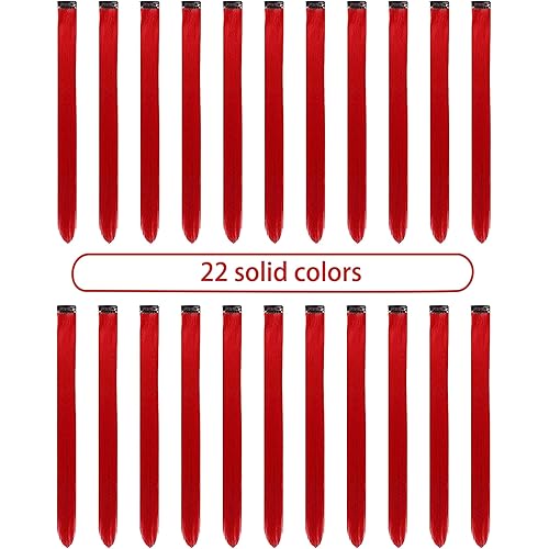 22 PCS Red Hair Extensions Clip in, Olldag Colored Party Synthetic Neon Highlights Extensions, Rainbow Hair Accessories for Girls Women Kids Doll Hair Pieces (22-inch)