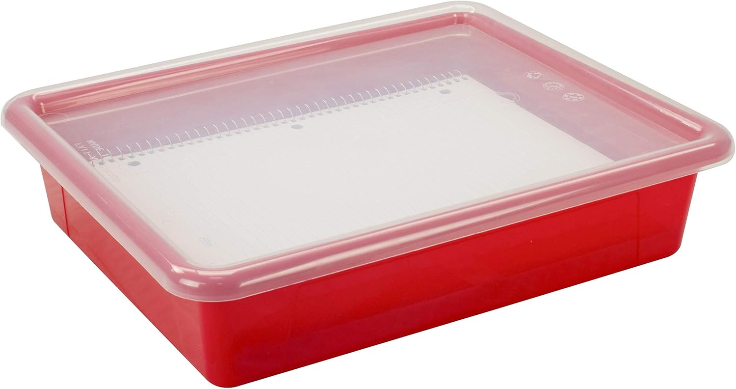Storex Letter Size Flat Storage Tray – Organizer Bin with Non-Snap Lid for Classroom, Office and Home, Red, 5-Pack (62537A05C)