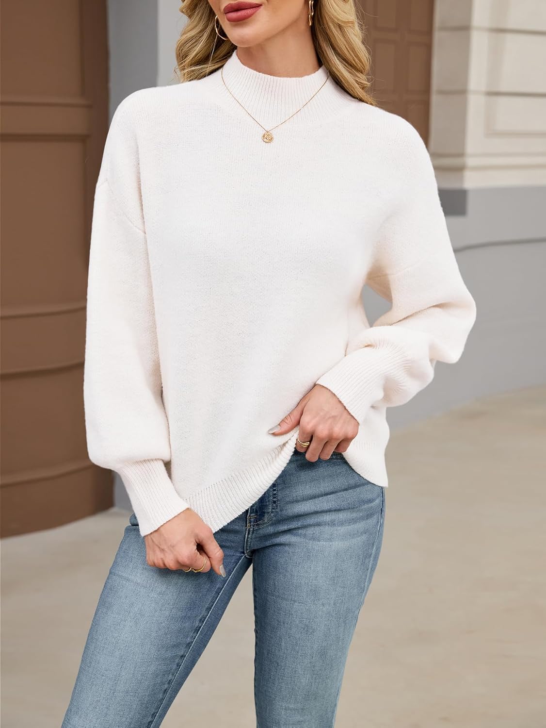 Womens Oversized Cute Checkered Sweater Fall 2025 Trendy Preppy Chunky Knit Mock Neck Long Sleeve Pullover Sweaters - Image 2