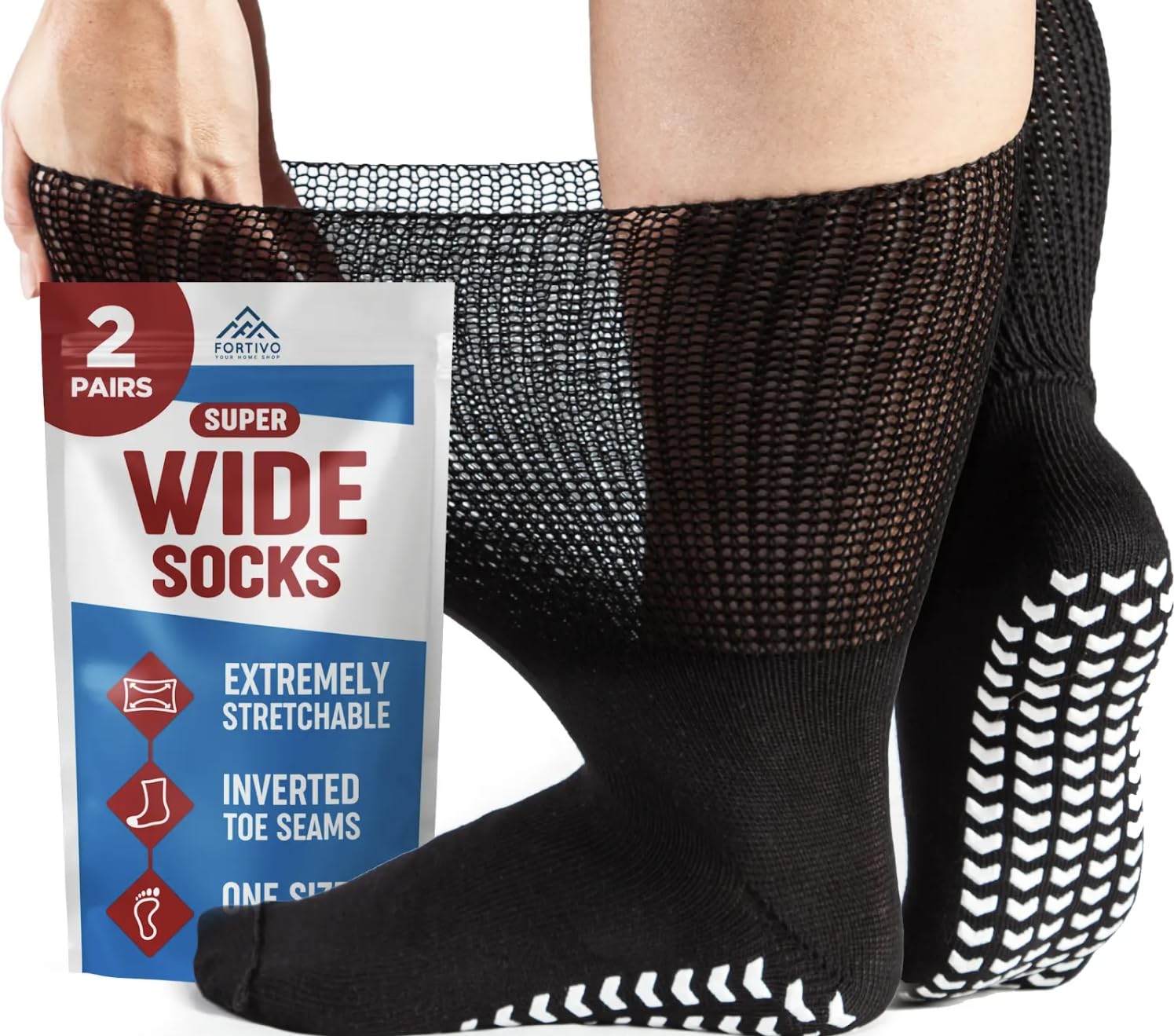 2 Pairs Extra Wide Socks For Swollen Feet, Non-Slip Hospital and Diabetic Socks for Men and WomenOEKO-TEX STANDARD 100