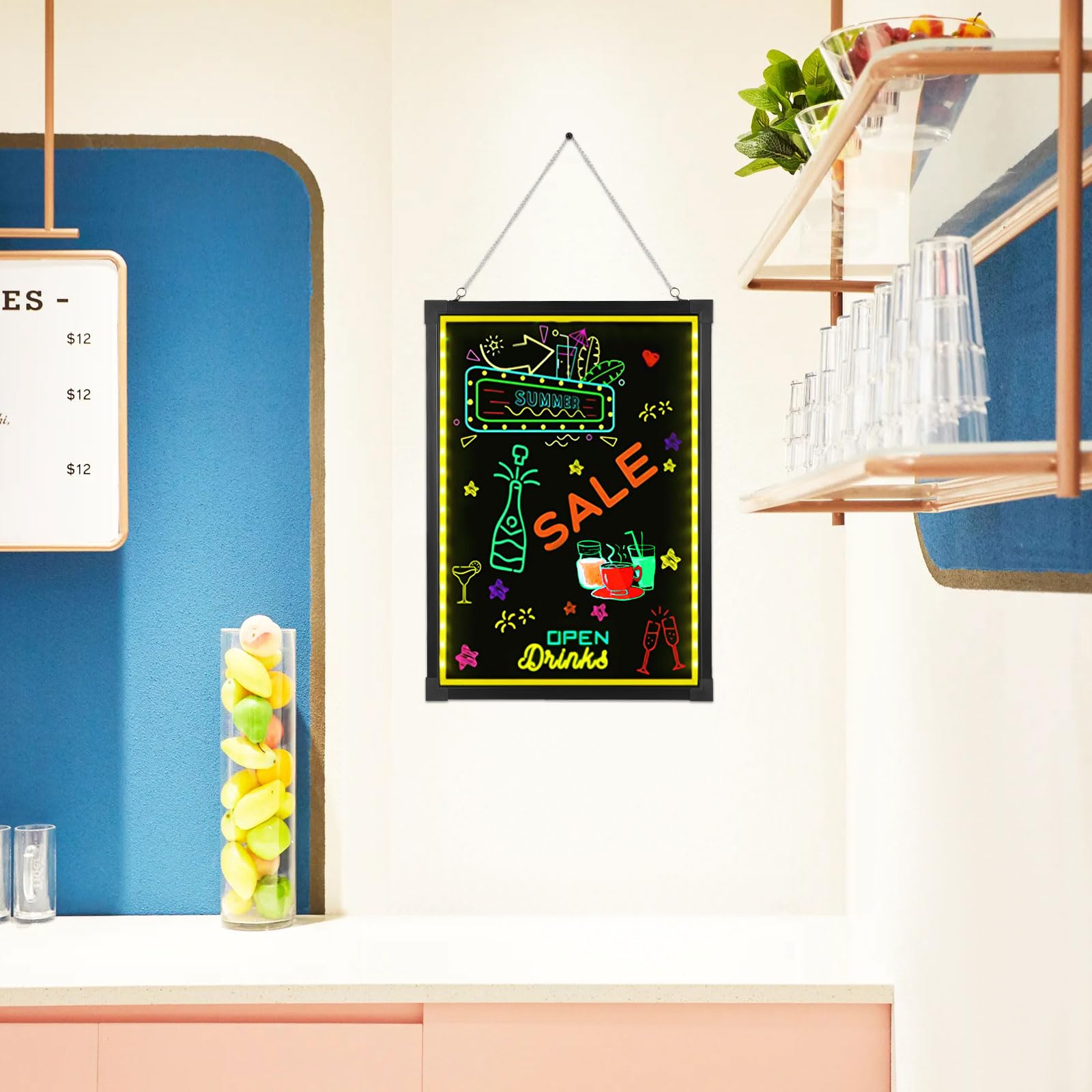 Schwarz LED Schreibtafel Buntes LCD Schreibtablett Leuchttafel DIY Leuchtende Werbetafel mit 7 Farbvariationen 18 Lichteffekten LCD Writing Tablet für Dekoration Werbetafeln 50 * 70CM