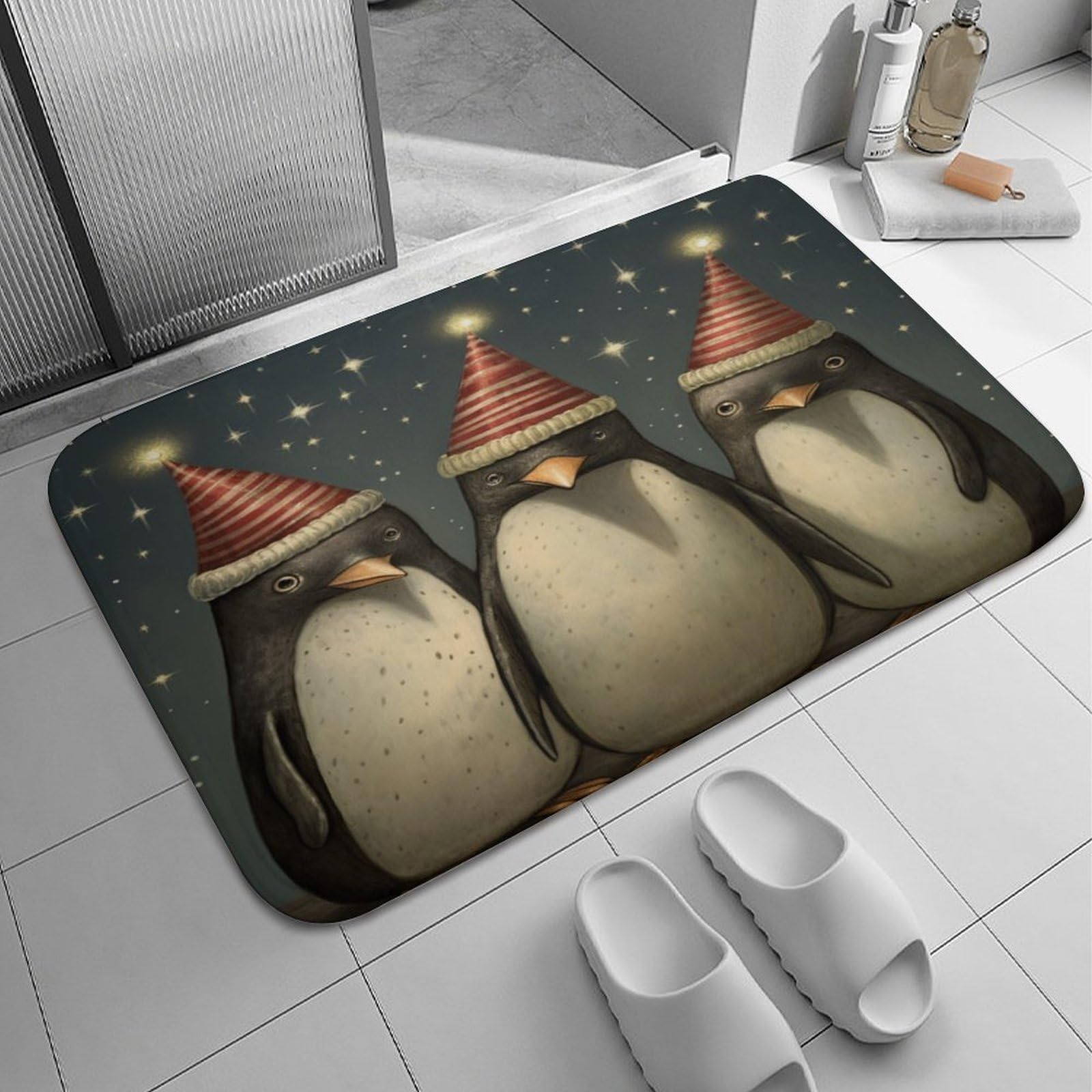 Alfombra Puerta Alfombra De Baño Felpudo De Bienvenida Felpudo De Entrada para Exterior Jardín Garajes 40X60Cm Navidad De Pingüinos En Acuarela - Tres Pingüinos con Luces Navideñas Y Sombreros