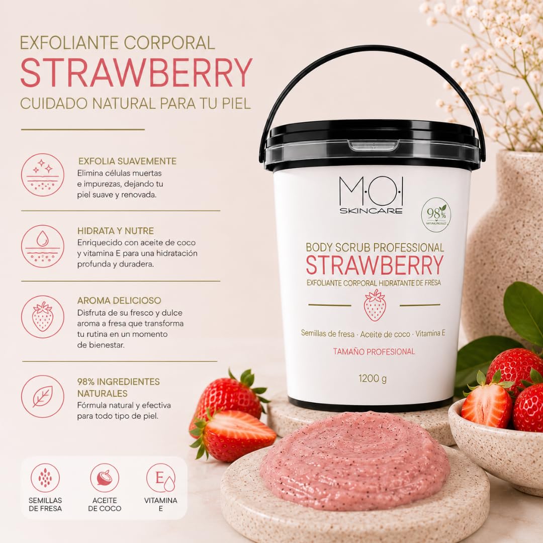 MOI Profesional Strawberry Body Scrub 1200 g – Exfoliante Corporal Hidratante de Fresa con Semillas Naturales, Aceite de Coco y Vitamina E | Piel Suave y Nutrida para Uso Profesional | Tamaño Grande