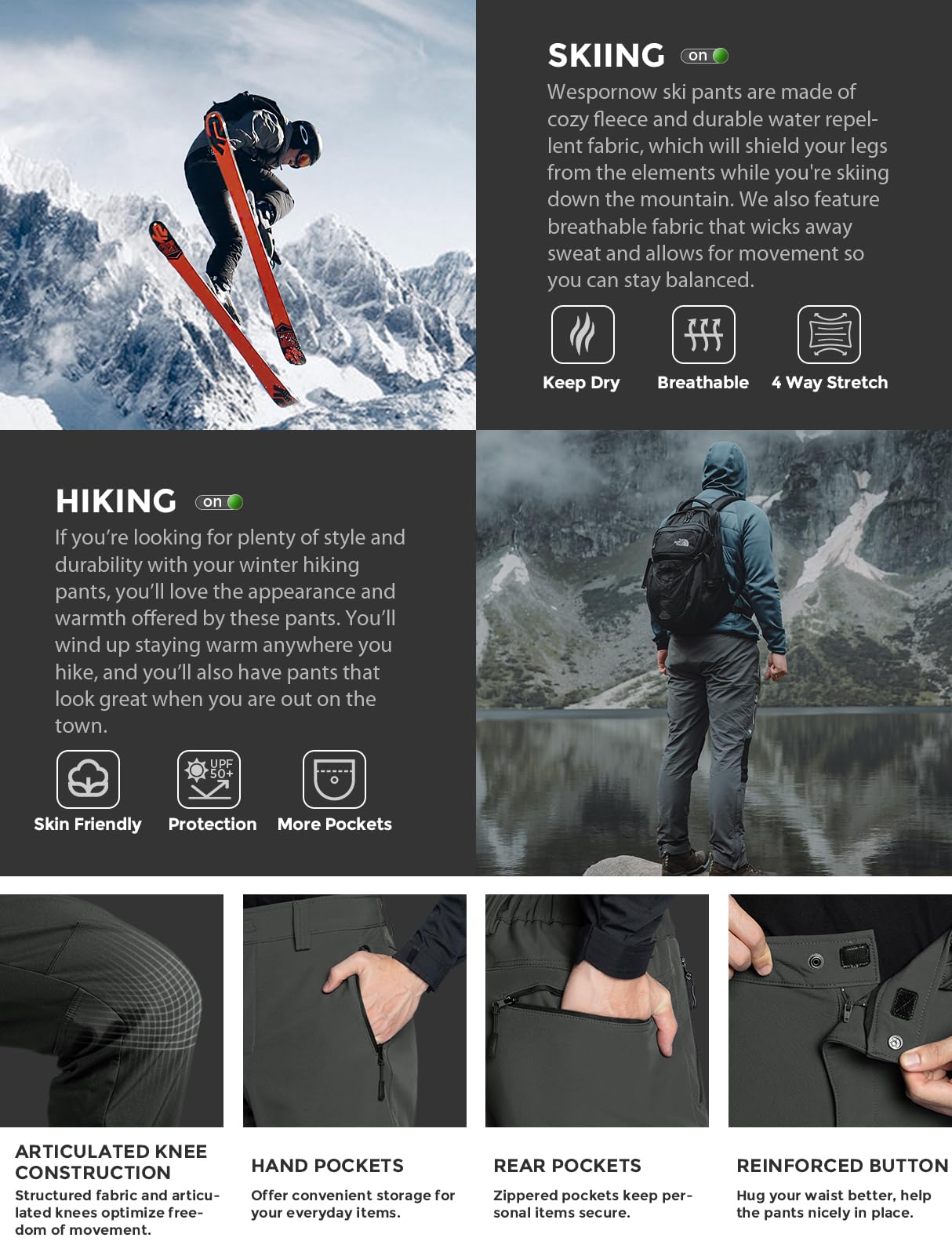 Wespernow Pantaloni Trekking Uomo Impermeabile Pantaloni da Lavoro Outdoor Pantaloni Neve Softshell per Trekking e Sport all'aperto | Pantaloni da neve impermeabili e antivento, foderati, con 4 tasche con cerniera, per escursioni invernali e snowboard