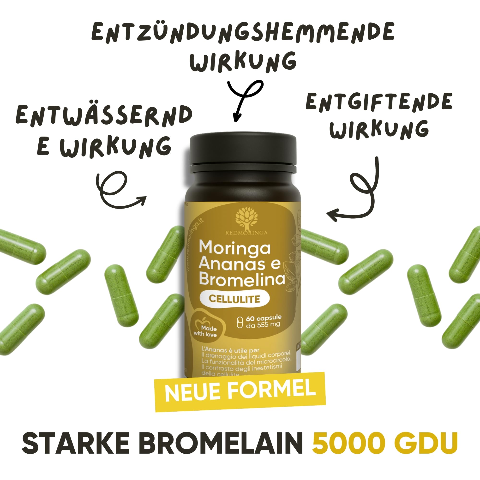 Bromelain Hochdosiert 5000 GDU – NEUE FORMEL 100% Natürlich Anti-Cellulite Komplex mit Bio Moringa, Ananas Enzym - 60 Vegane Kapseln - Made in Italy