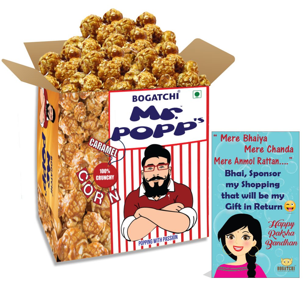 BOGATCHI Mr.POPP's Crunchy Caramel Popcorn, Handcrafted Gourmet Popcorn, Best Rakhi Gift for BRO, 375g + Free Happy Rakhi Greeting Card-picture-32