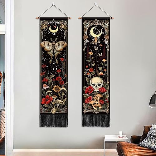 Miniatura 2 de ARTCREATOR Paquete de 2 tapices verticales góticos de brujas para decoración de dormitorio, polilla y luna, calavera, hongos, tapices verticales