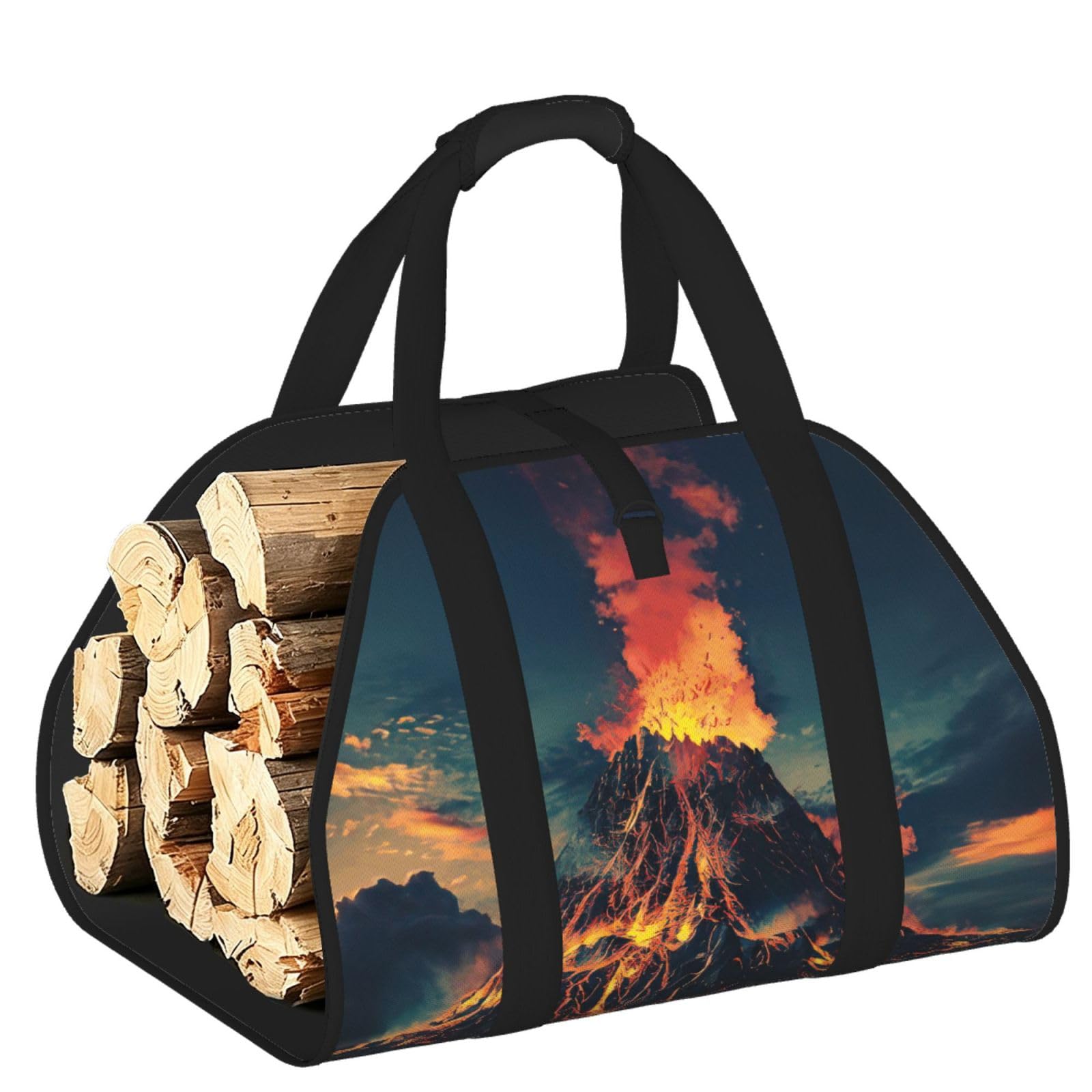 volcano Printed Firewood Carrier Bag, Log Tote with Open-Ended Design for Camping Outdoor Wood Hauling