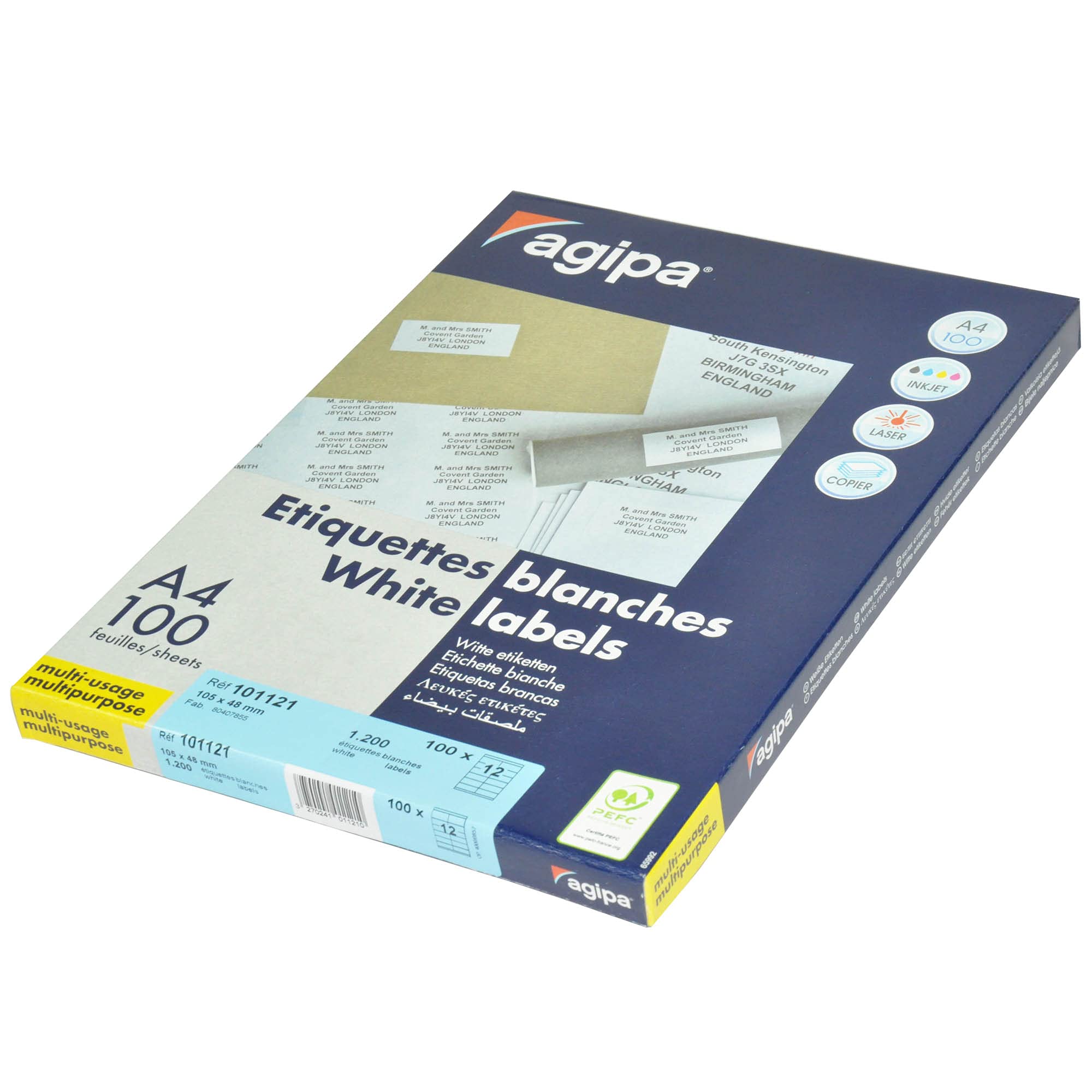 AGIPA Multi-Purpose White Labels, A4 Sheets (210x297mm), 105x48mm Stickers, 100 Sheets with 12 Labels Each, 1200 Plain White Labels, Compatible with Inkjet, Laser, Copier-APLA101121