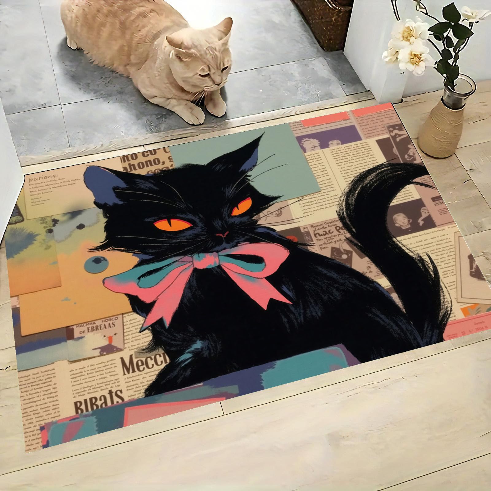 Paillasson chat noir anti glisse grand tapis entrée lavable rose