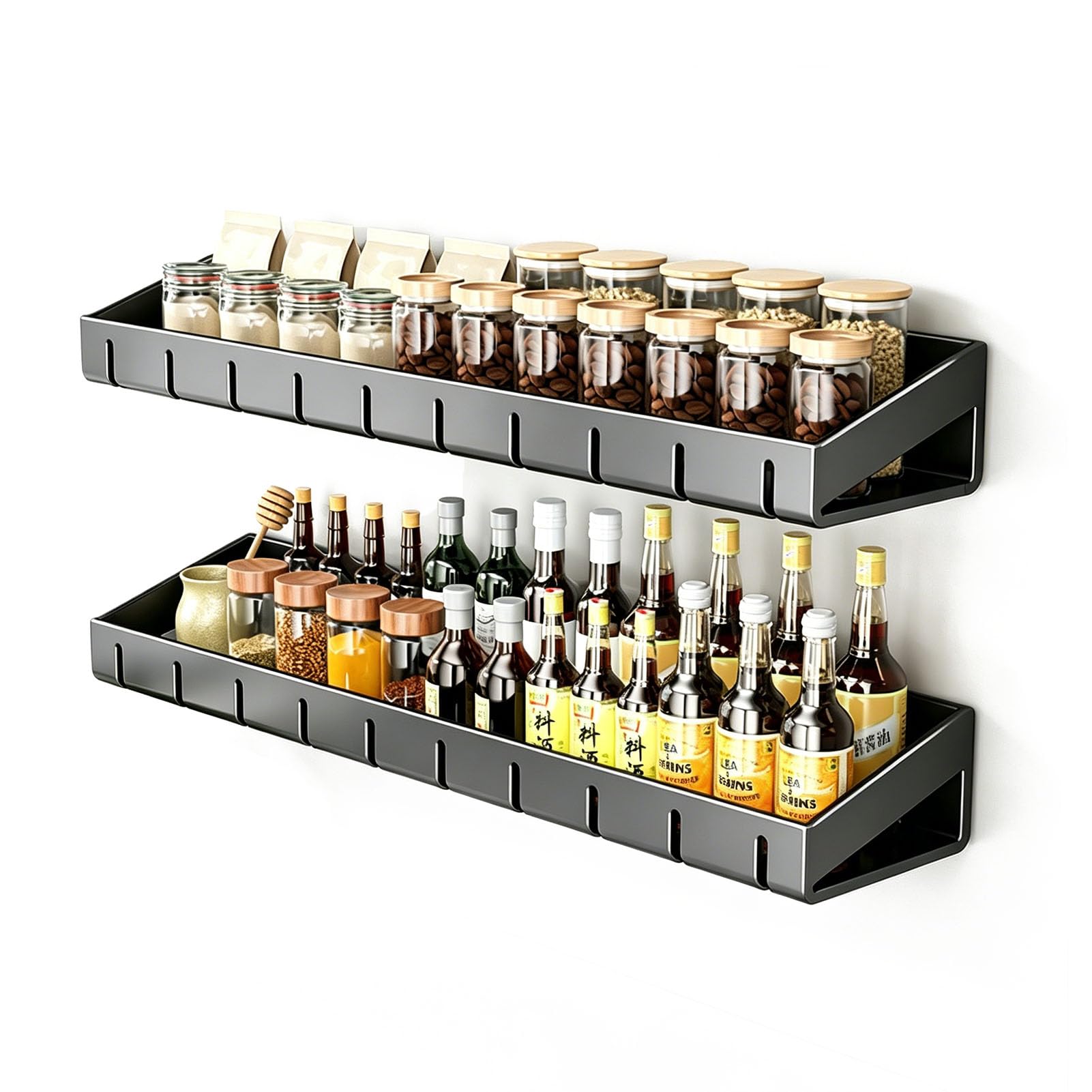 TBATM Wall Mounted Spice Rack 2 Pack, Adhesive No Drill Kitchen Storage Organizer for Spices Jars Condiments, Space Saving Wall Shelf for Kitchen Pantry Bathroom,Black,50cm
