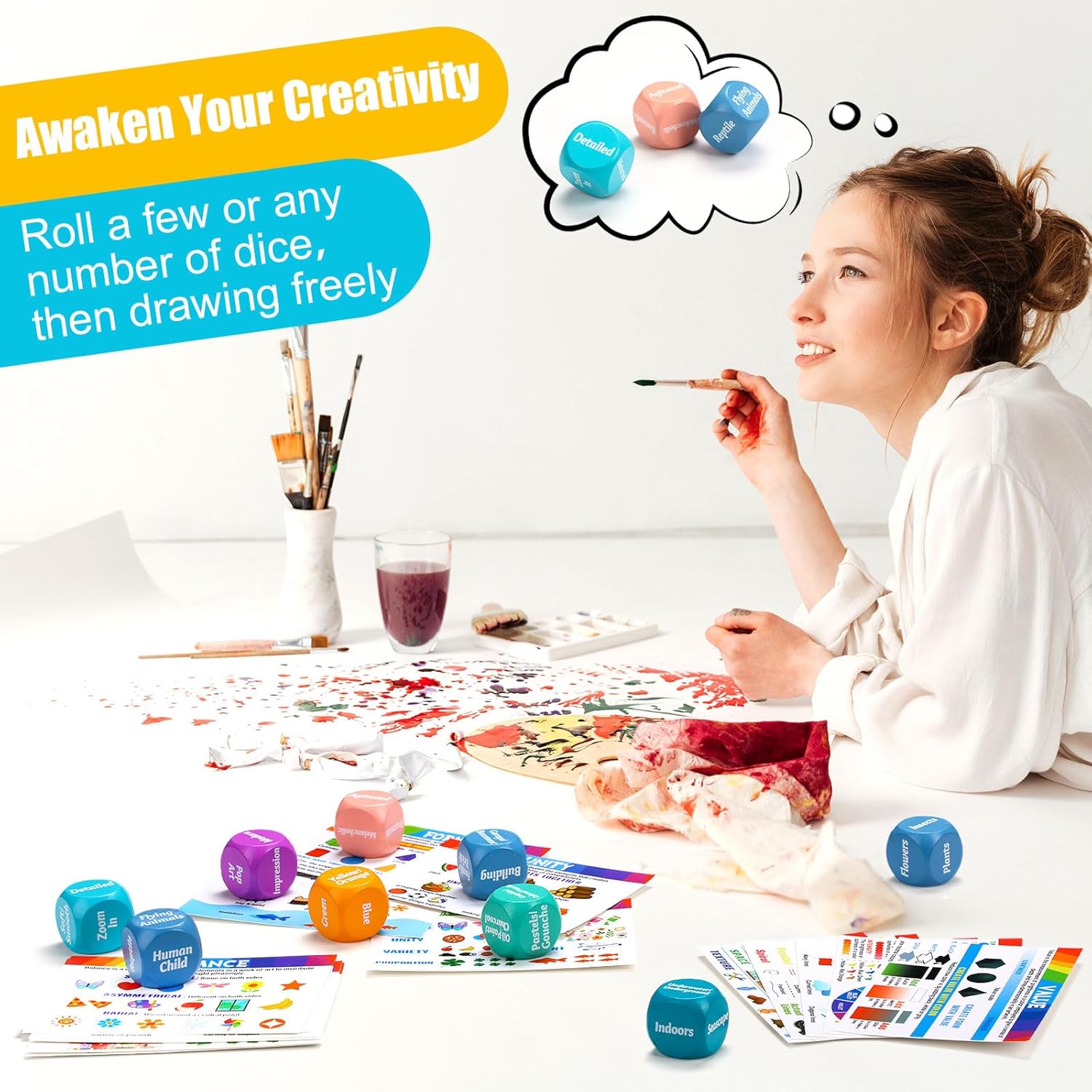 Pajean 25 Pcs Art Dice Game 9 Art Inspiration Dice 16 Painting Principles Education Cards Creative Drawing and Painting Set Teacher Gifts for Christmas Room Artists Classroom Student Adult