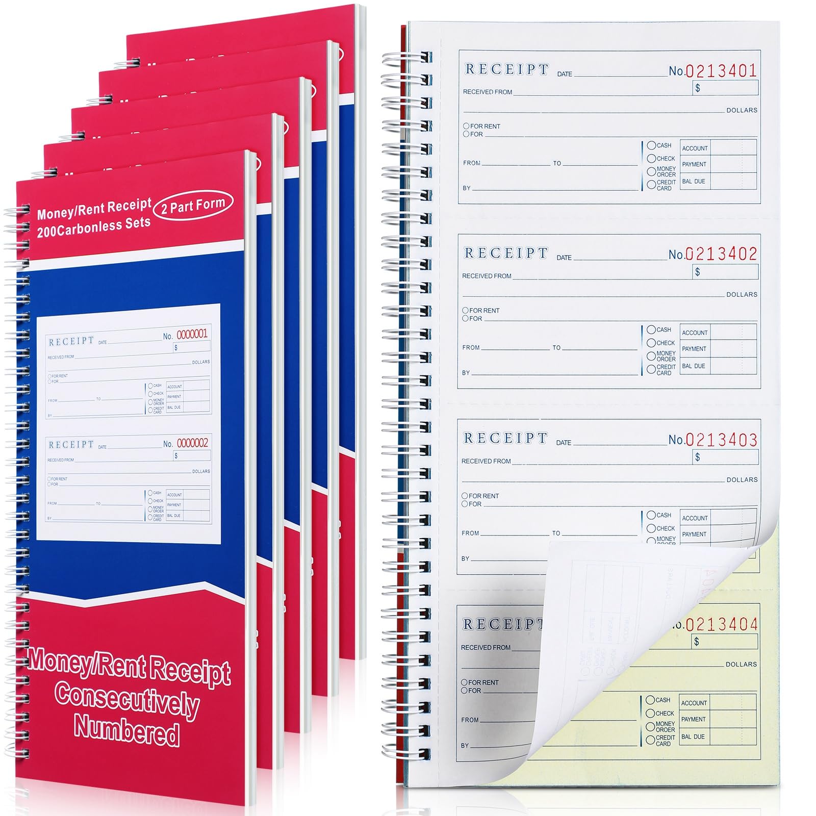 Crtiin Money and Rent Receipt Book 2 Part Carbonless Receipt Log Book with Carbonless Copies, Spiral Bound, 200 Sets Per, 4 Receipts Per Page, 5.25 x 11 Inch (6 Pcs)