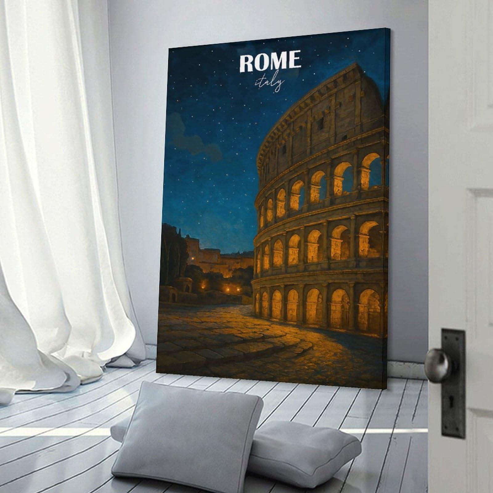 Junmoney Rome Italy Colosseum Night Hanging Wall Art, 24x36inch(60x90cm), for New Homes, Bedrooms Or Workspaces, Thoughtful Wall Decor for Art Lovers