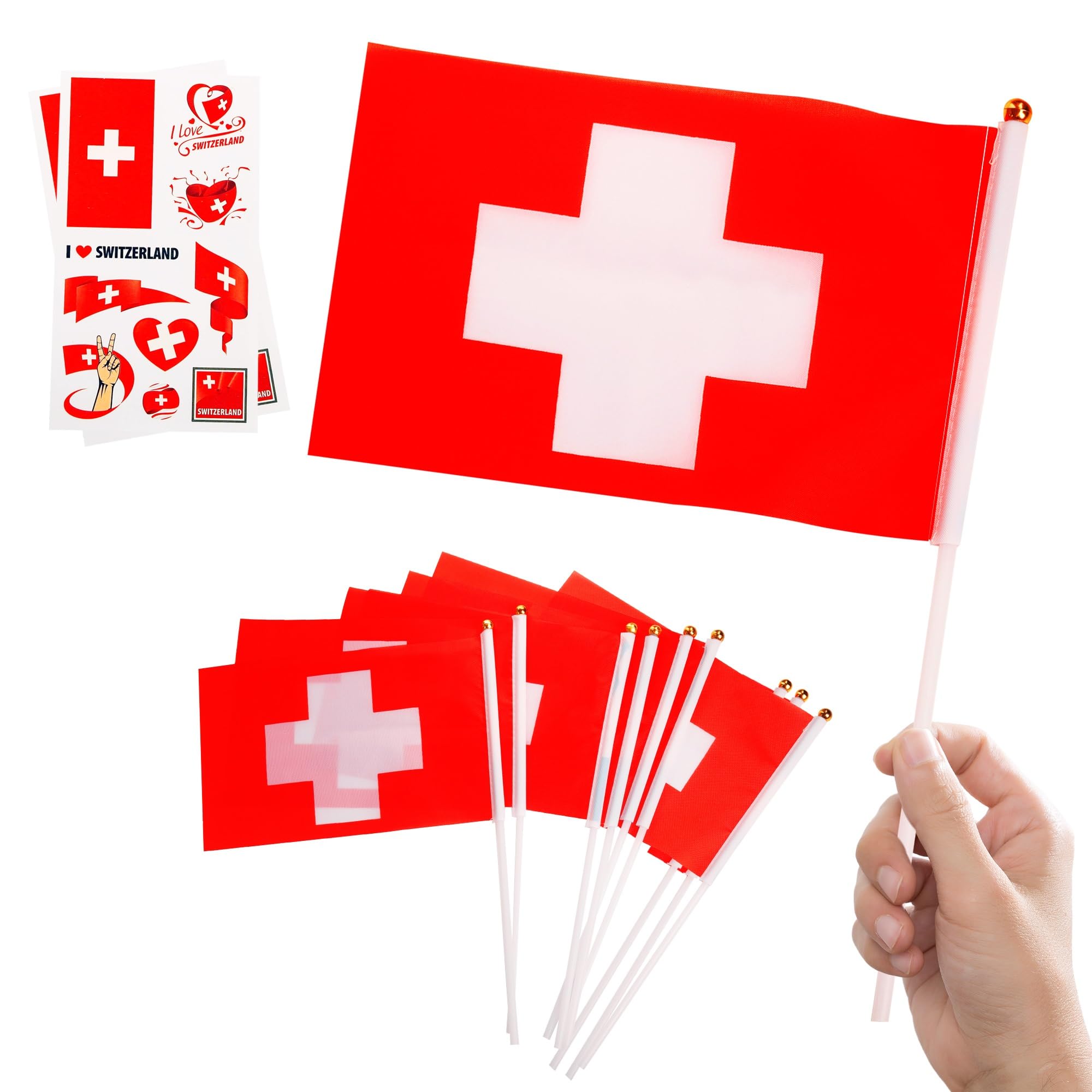 10pcs Small Switzerland Flags on Sticks & 2pcs Temporary Tattoos, Mini Swiss Hand Flags Flags on Sticks for Football Sports Events Celebration Party Decorations