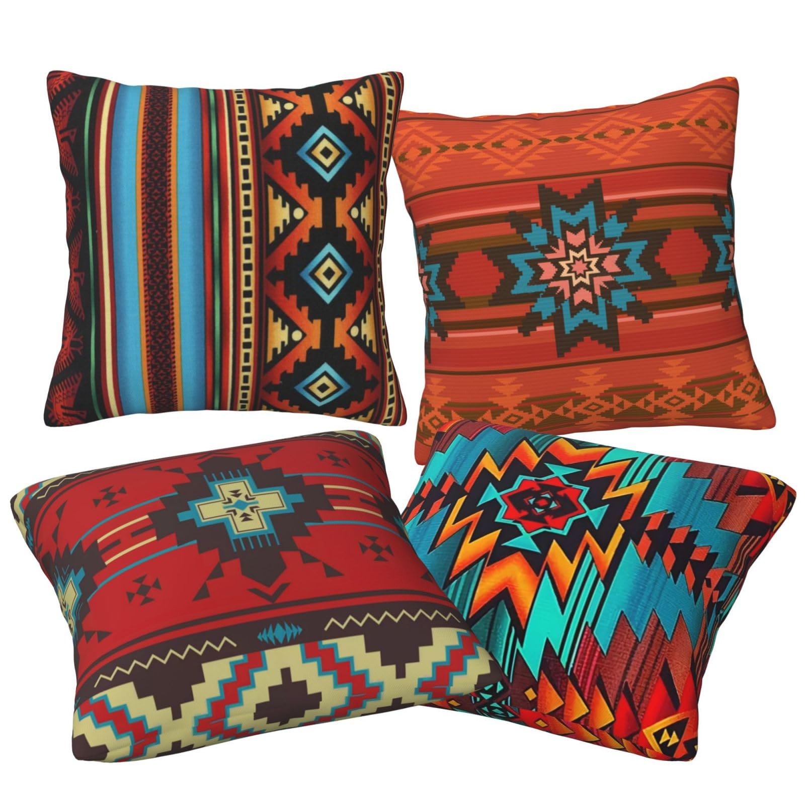 Lcokin Western Native American Throw Pillow Covers Set of 4 18x18 Inch, Decorative Aztec Southwestern Tribal Red Cushion Pillow Case for Bedroom Bed Outdoor Couch Sofa 1