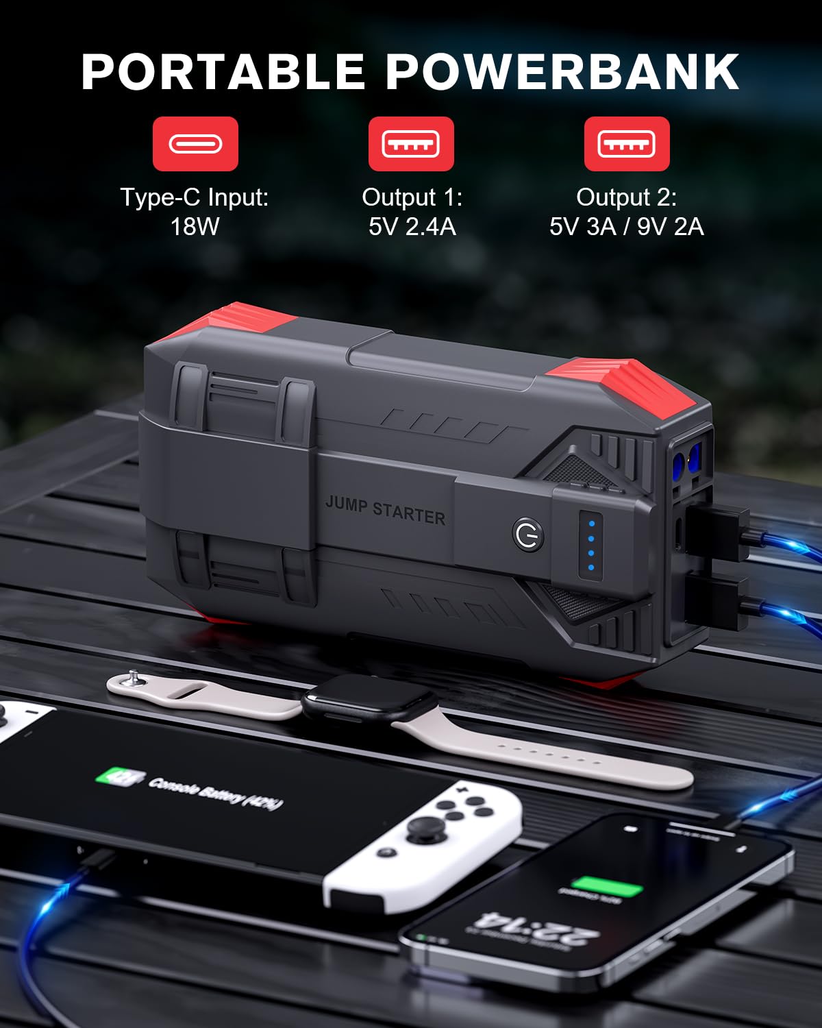 Povasee Starthilfe Powerbank für Pkw, 6000A Booster Auto Starthilfe (bis zu 10L Benzin/8L Diesel), Starter Powerbank mit Starthilfekabel, 12V Kfz Jump Starter mit LED und 2 USB-Ausgänge