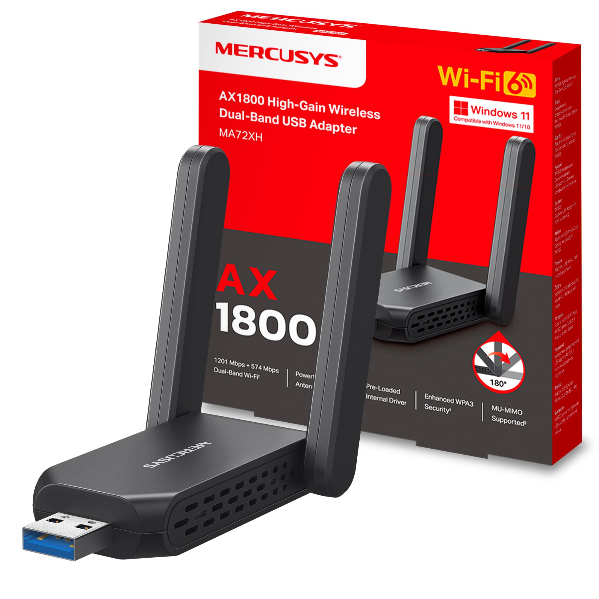 Mercusys MA72XH WiFi Adapter for PC, Wi-Fi 6 AX1800 Dual Band, 2 High Performance Antennas, USB 3.0, WPA3, MU-MIMO, Compatible with Windows 11/10