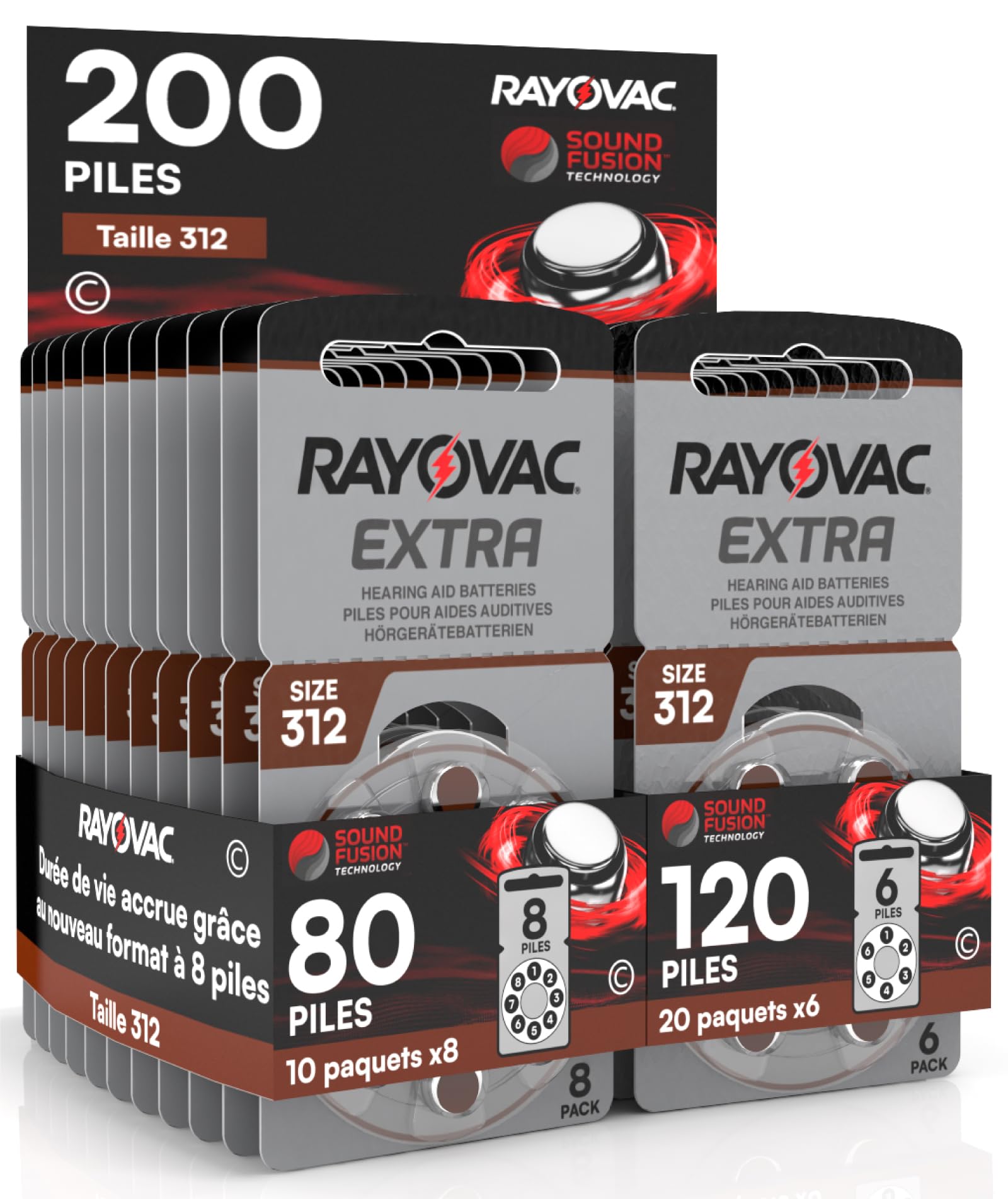 200 Rayovac Extra Size 312 PR41 (Brown) Hearing Aid Batteries - 10 Blisters de 8 et 20 Blisters de 6 Batteries