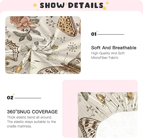Miniatura 5 de Kigai Sábana bajera ajustable para cuna con diseño de flores y mariposas vintage para niños y niñas, para colchones estándar de cuna y juego,