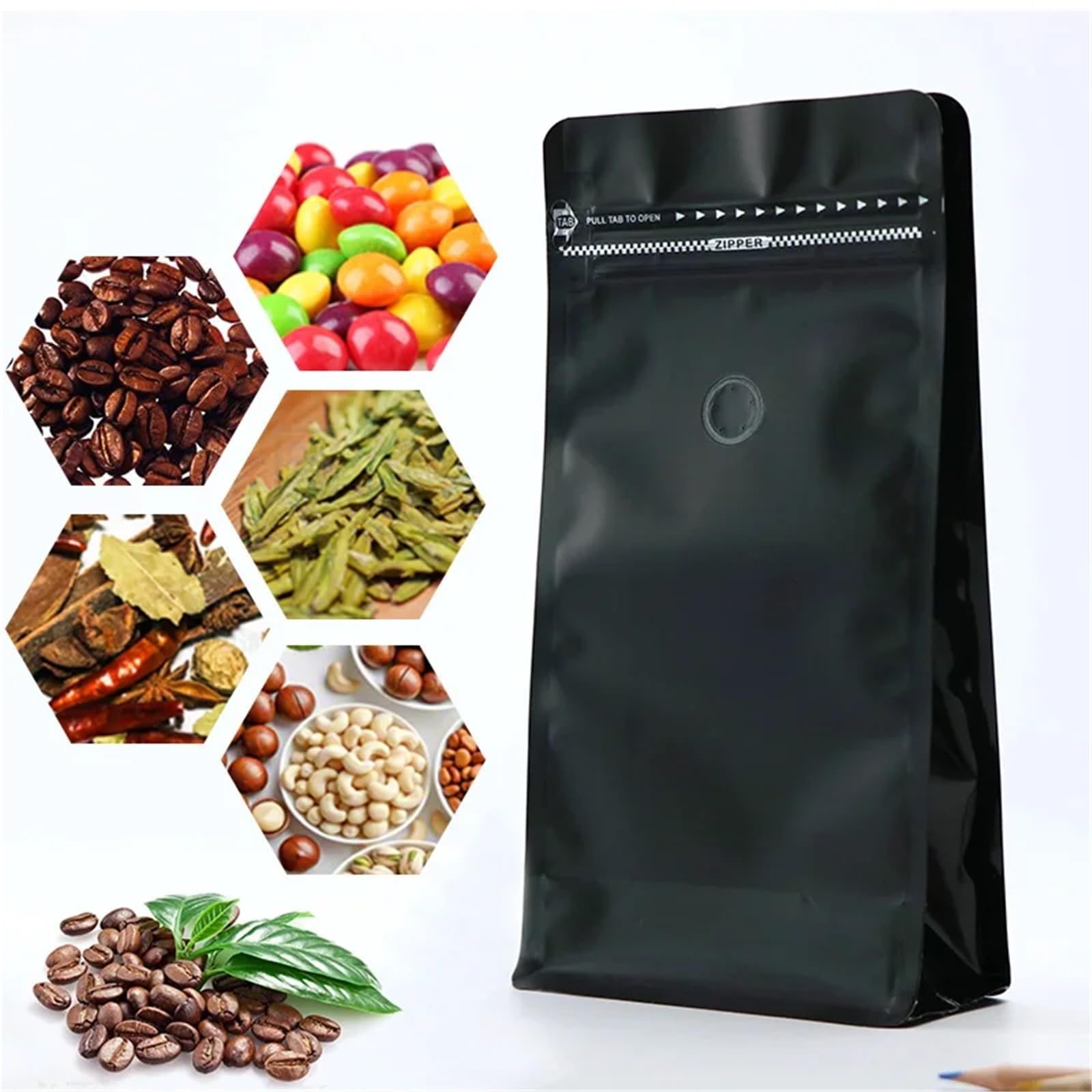 Kaffeebeutel mit Ventil, 50 Stück, Standbodenbeutel, 0,5 kg, bunte Kaffeebohnen-Verpackung, Aluminiumfolie, Druckverschlussbeutel mit einseitigem Entgasungsventil (schwarz, 150 x 320 mm, 1000 g)