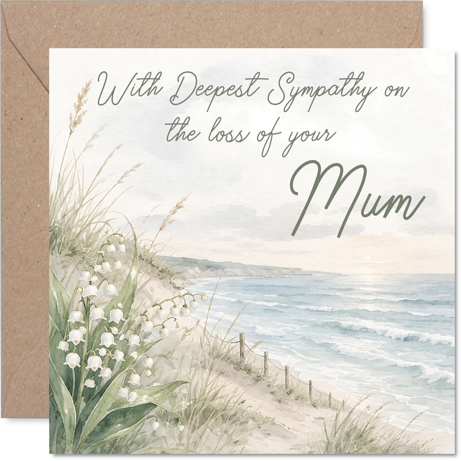 Comforting Sympathy Card - Loss of Mum - Gentle Coastal Scene - Pastel Flowers and Serene Beach Design - 145mm Square, Envelope Included