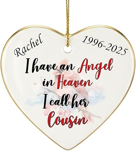 Adorno de Navidad conmemorativo personalizado 2025 Recuerdo de cerámica en forma de corazón Tengo un ángel en el cielo I Call Her Primo Regalo de