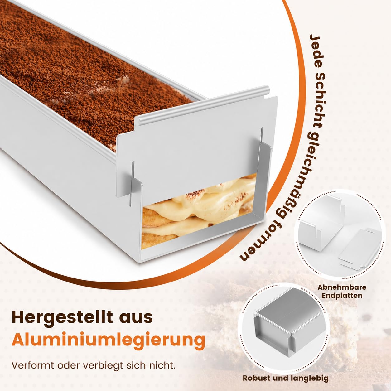 Blacha do cięcia ciasta, 42 x 10 x 6 cm, ze stopu aluminium, prostokątna, regulowana, z powłoką zapobiegającą przywieraniu, forma tiramisu z łopatką, zdejmowana część boczna do musu, sernika