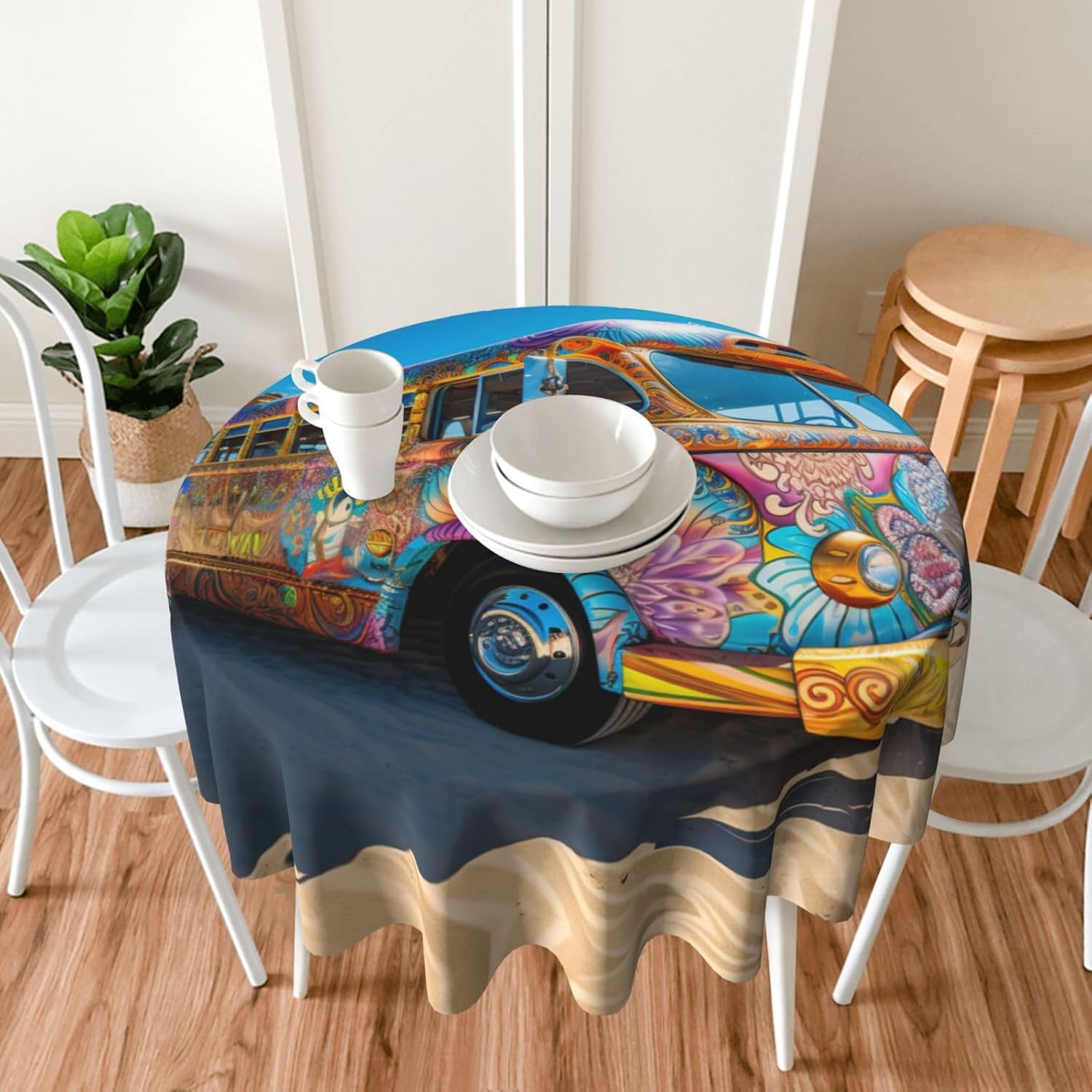 Beach Bus Print Wrinkle Free Dining Table Cover for Birthday Party Farmhouse Tablecloths Up to 60 x 60 Inches