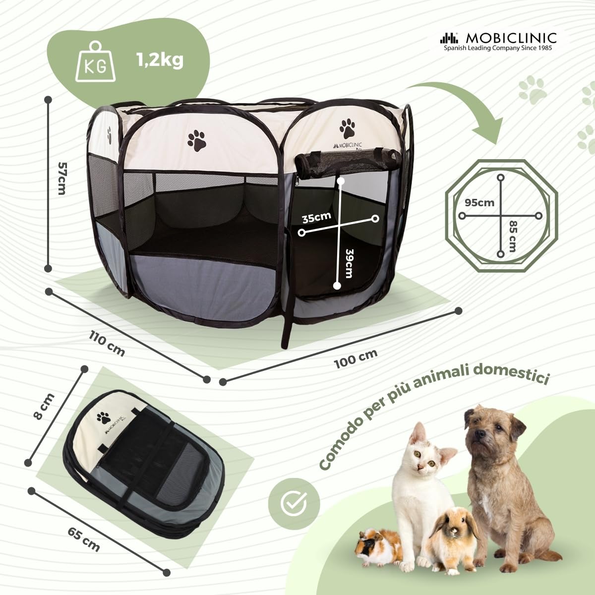 Mobiclinic® Pets, Recinto per cani, Pieghevole, 114x114x58 cm, Scooby, 2 Accessi, 8 Finestre, Elastico per il ripiegamento, Per interni ed esterni, Tessuto in rete 600D, Facile da pulire, Grigio