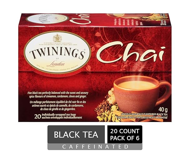 Twinings Chai Individually Wrapped Teabags, Caffeinated, Sweet & Savoury Cinnamon, Cardamom, Cloves & Ginger, 20 Count (Pack of 6), Enjoy Hot or Iced - Chai - 20 Count (Pack of 6)