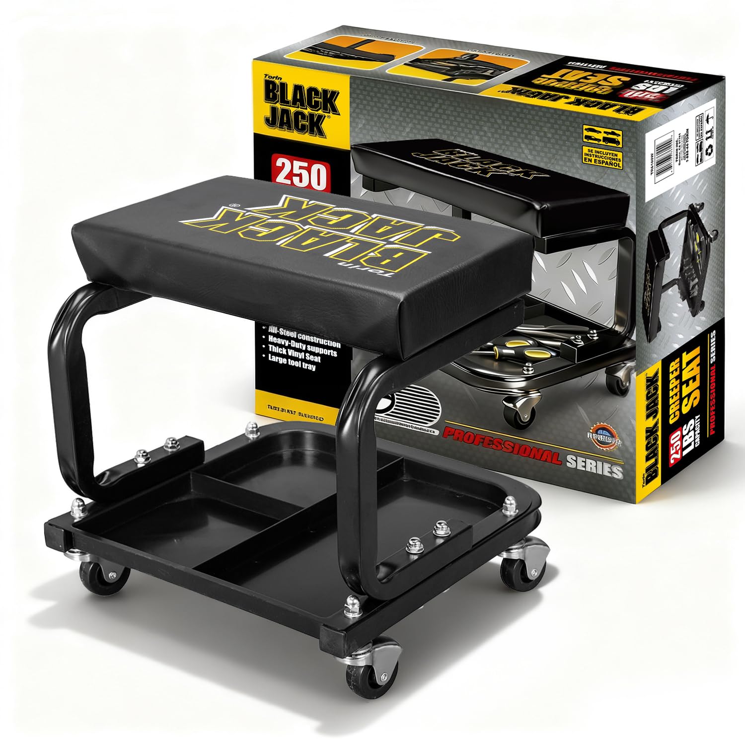 Torin 250lb Rolling Automotive Creeper Garage/Shop Seat: Padded Mechanic Stool with Tool Large Tray Suitable for garages, Repair Shops,Black