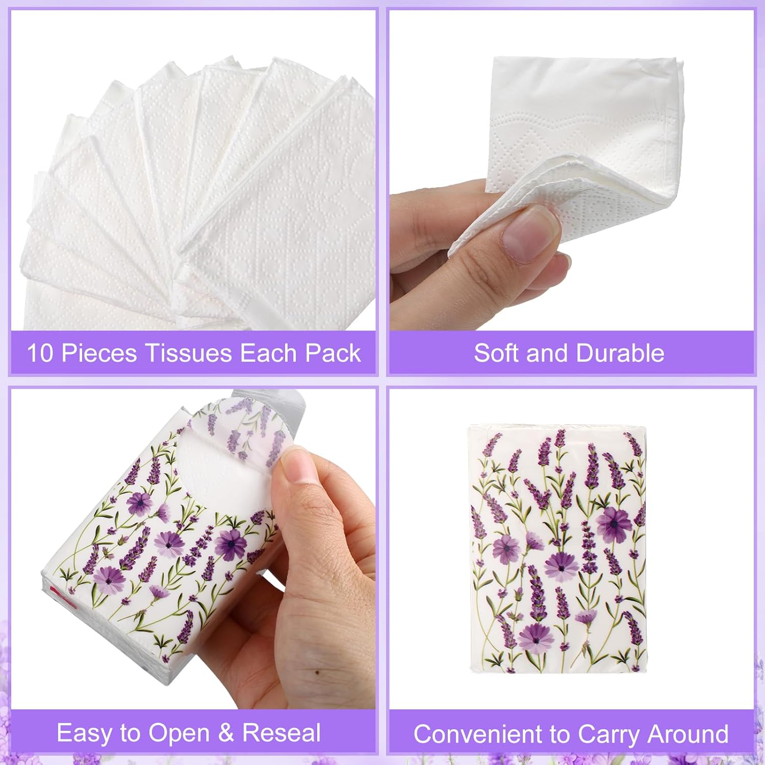 Yahenda 100 Pack Lavender Floral Pocket Tissues Spring Purple Lavender Facial Tissue Mini Travel Size Individual 3 Ply Guests Papers for Wedding Birthday Bridal Baby Shower Party Favors